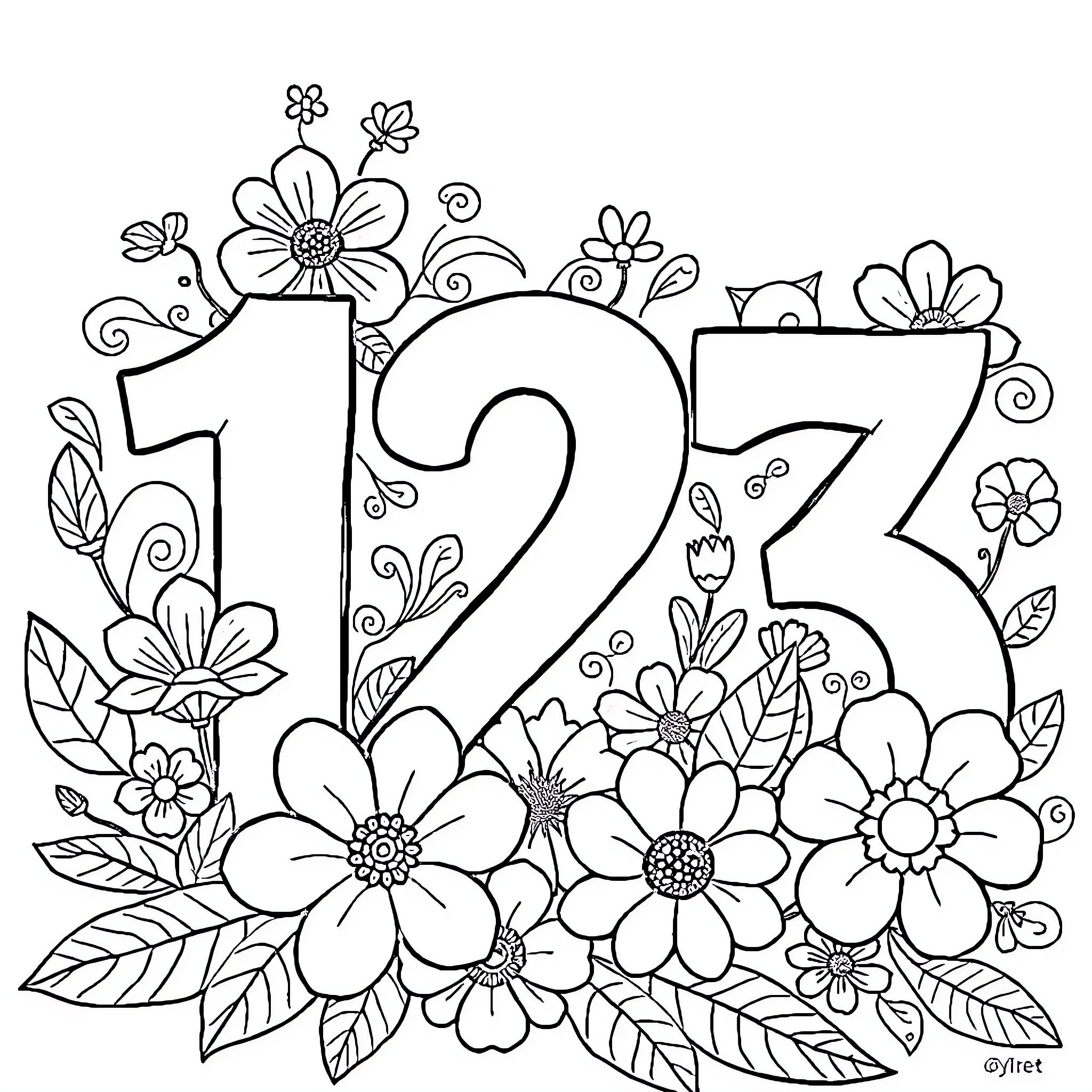 Number 123 Surrounded by Floral Designs Coloring Page (free black-and-white line drawing printable PDF for all, from beginners to advanced learners, including children, teens, adults, and seniors)