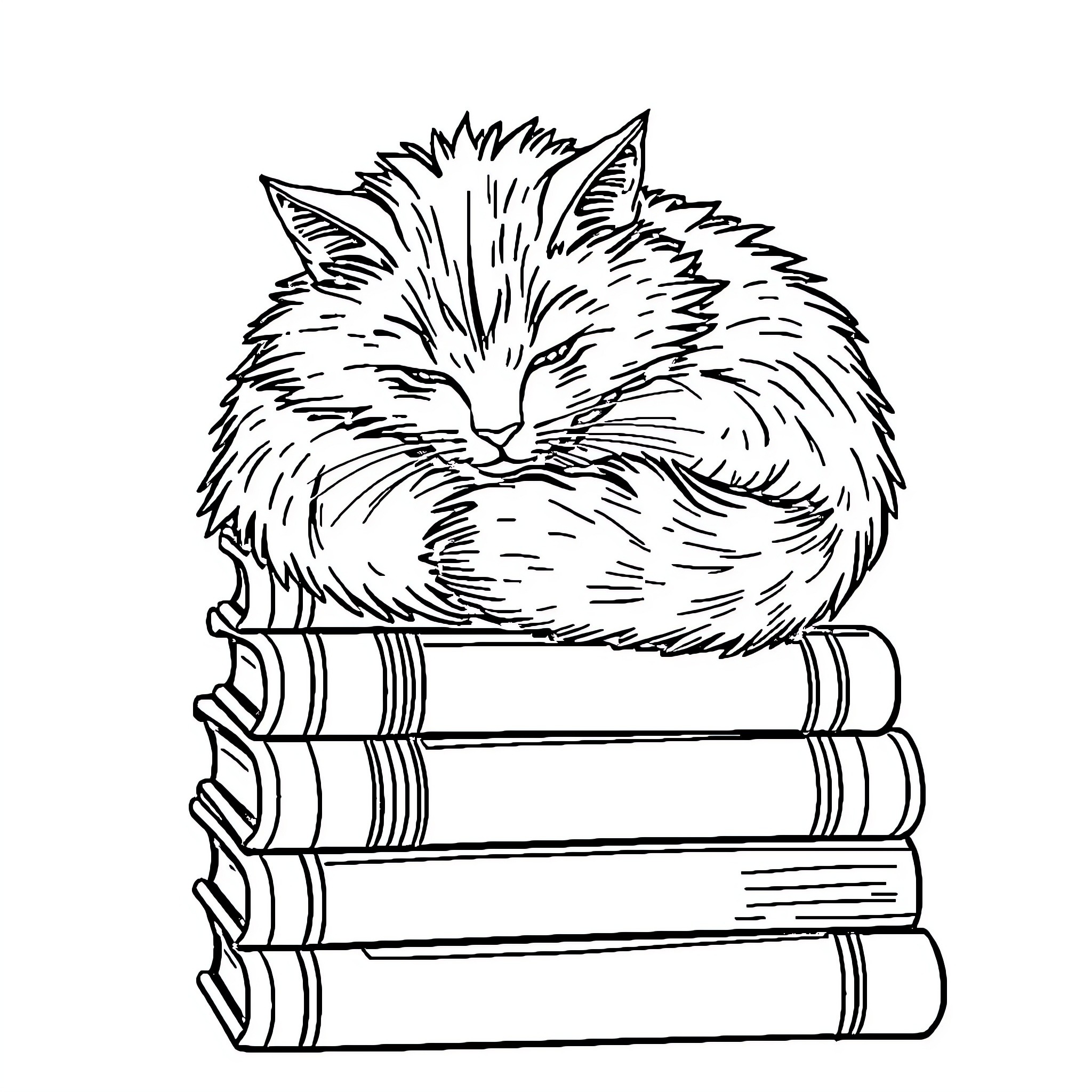 Cat napping on a stack of books Coloring Page (free black-and-white line drawing printable PDF for all, from beginners to advanced learners, including children, teens, adults, and seniors)