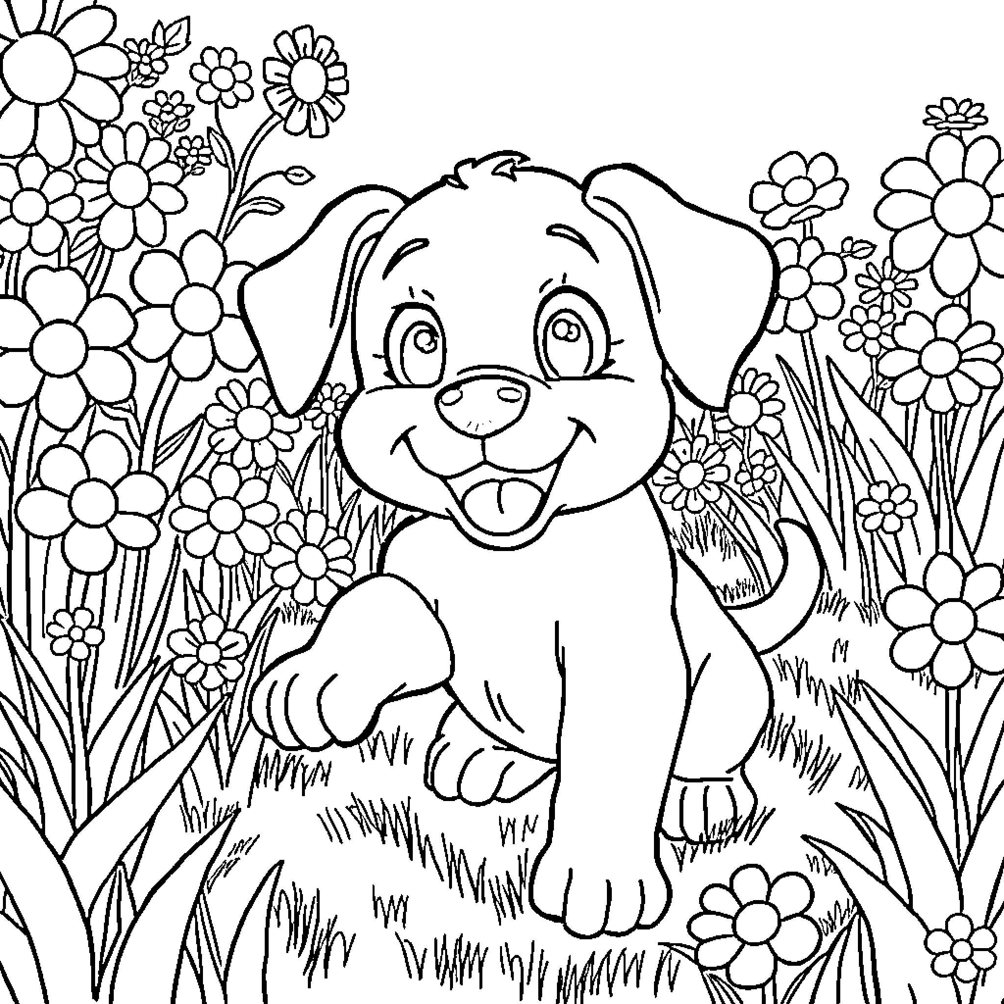 Puppy exploring a field of flowers Coloring Page (free black-and-white line drawing printable PDF for all, from beginners to advanced learners, including children, teens, adults, and seniors)