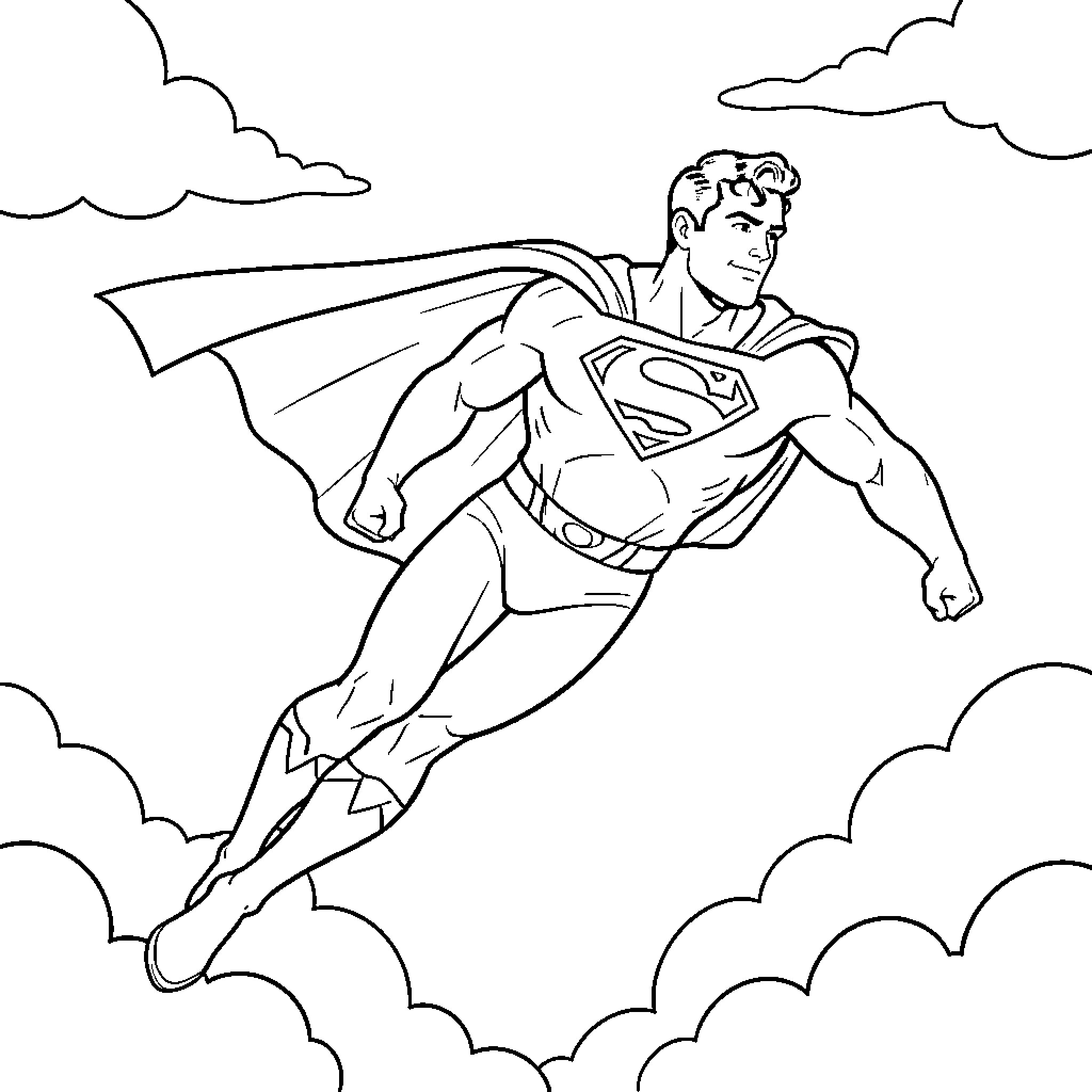 Superman flying heroically through the clouds Coloring Page (free black-and-white line drawing printable PDF for all, from beginners to advanced learners, including children, teens, adults, and seniors)