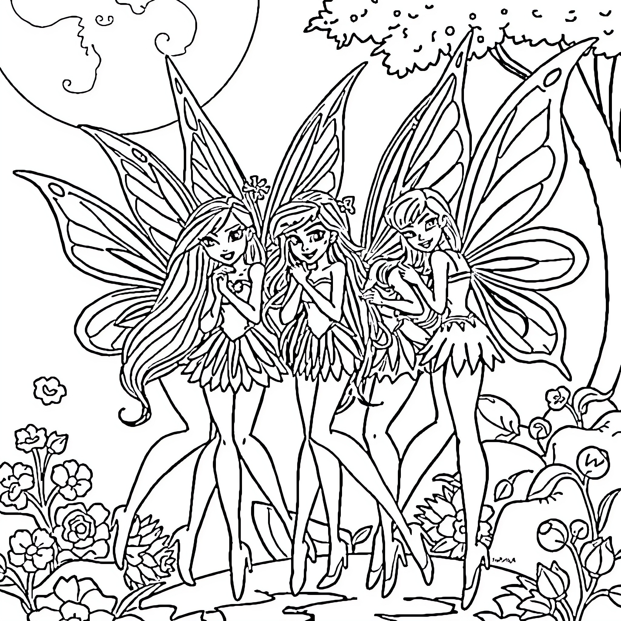 Winx Fairies Posing with Elegant Outfits Coloring Page (free black-and-white line drawing printable PDF for all, from beginners to advanced learners, including children, teens, adults, and seniors)