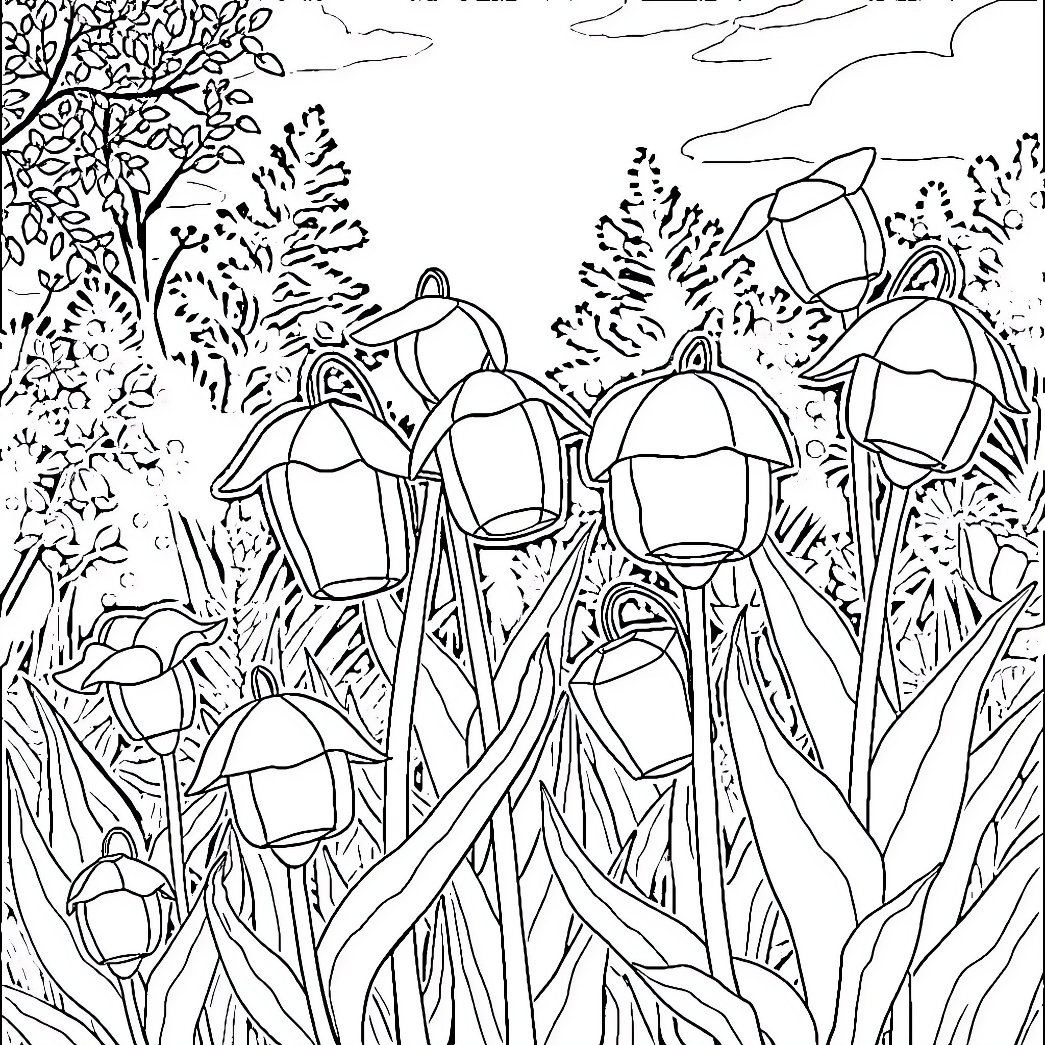 Moth lamps illuminating the forest Coloring Page (free black-and-white line drawing printable PDF for all, from beginners to advanced learners, including children, teens, adults, and seniors)