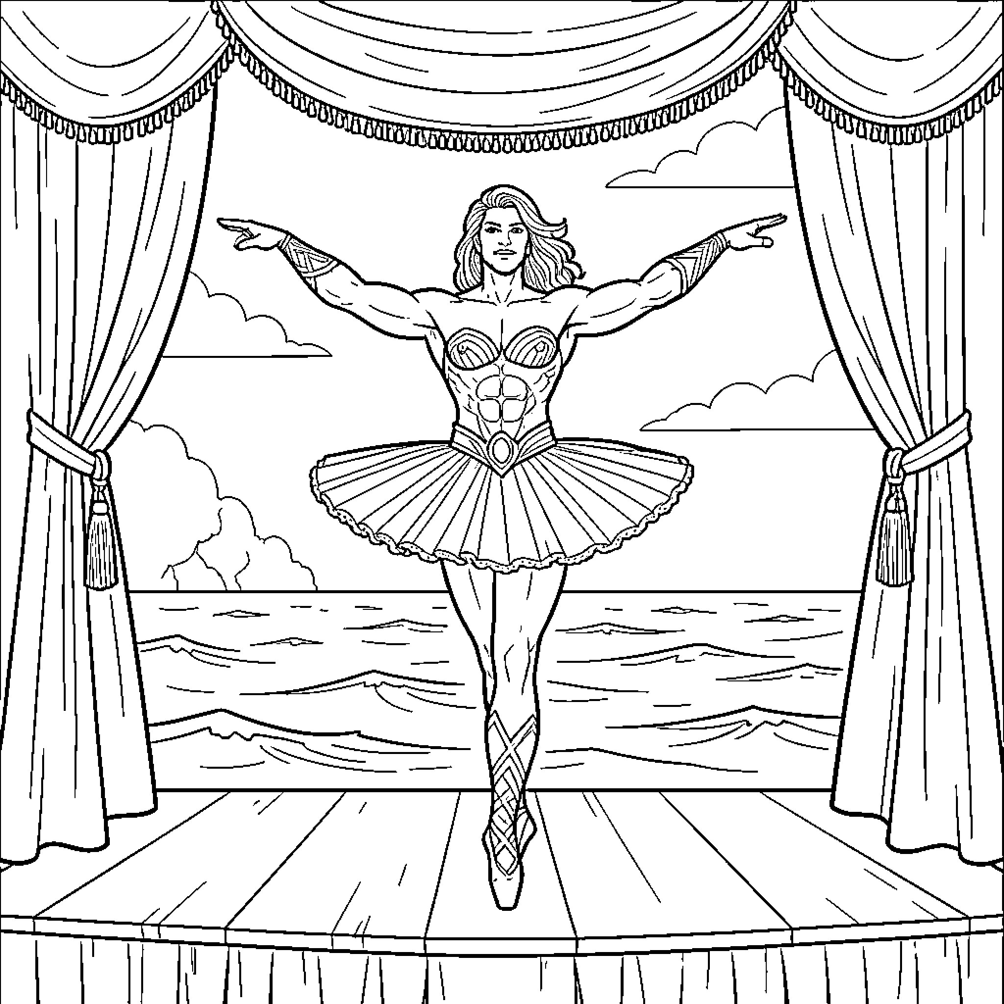 Aquaman performing a ballet dance on a stage Coloring Page (free black-and-white line drawing printable PDF for all, from beginners to advanced learners, including children, teens, adults, and seniors)
