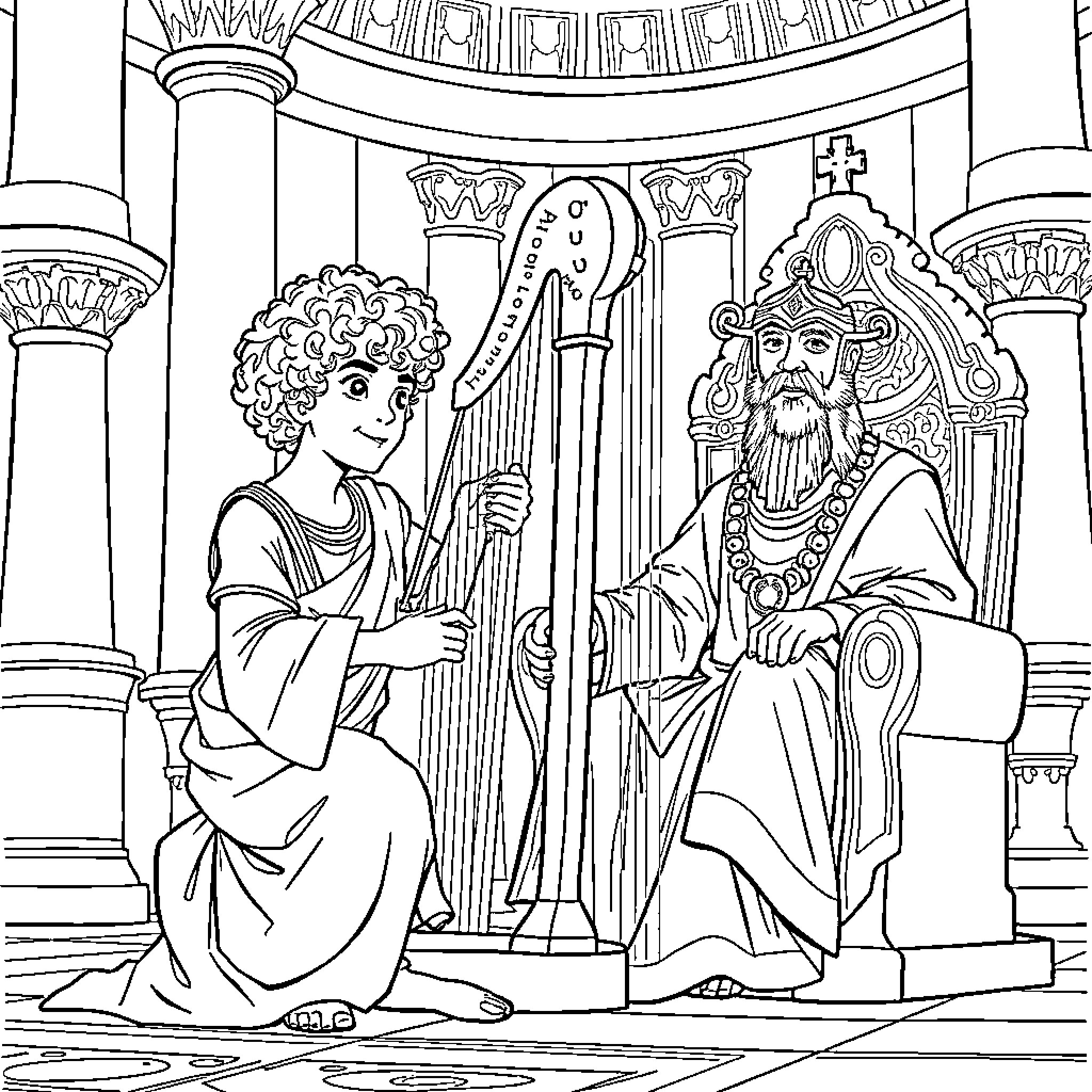 David Playing the Harp for a Bearded King Coloring Page (free black-and-white line drawing printable PDF for all, from beginners to advanced learners, including children, teens, adults, and seniors)