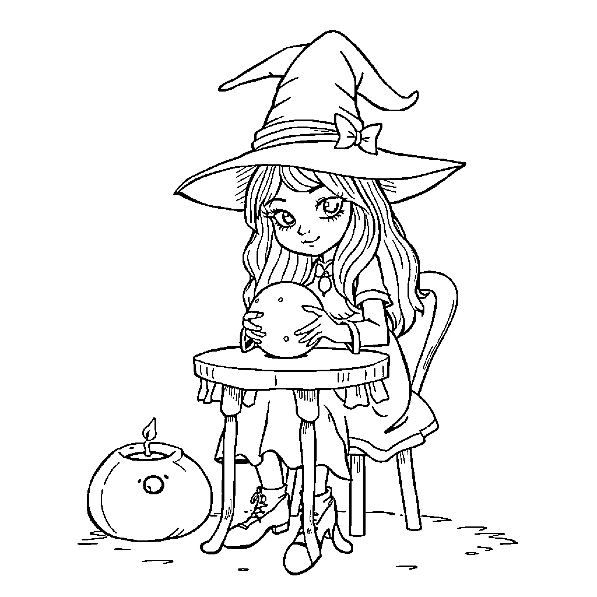 Witch casting a spell with pet in hand Coloring Page (free black-and-white line drawing printable PDF for all, from beginners to advanced learners, including children, teens, adults, and seniors)