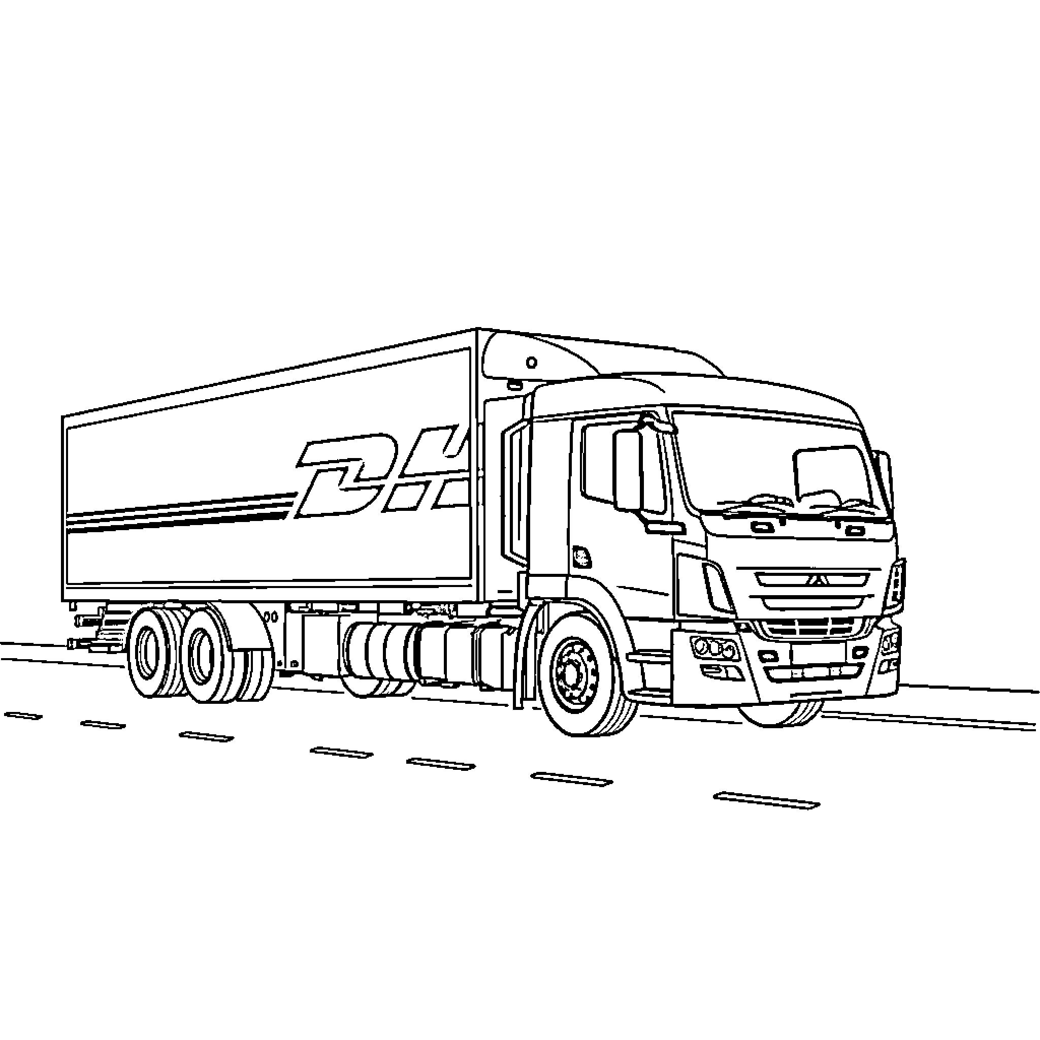 Truck delivering goods on the road Coloring Page (free black-and-white line drawing printable PDF for all, from beginners to advanced learners, including children, teens, adults, and seniors)