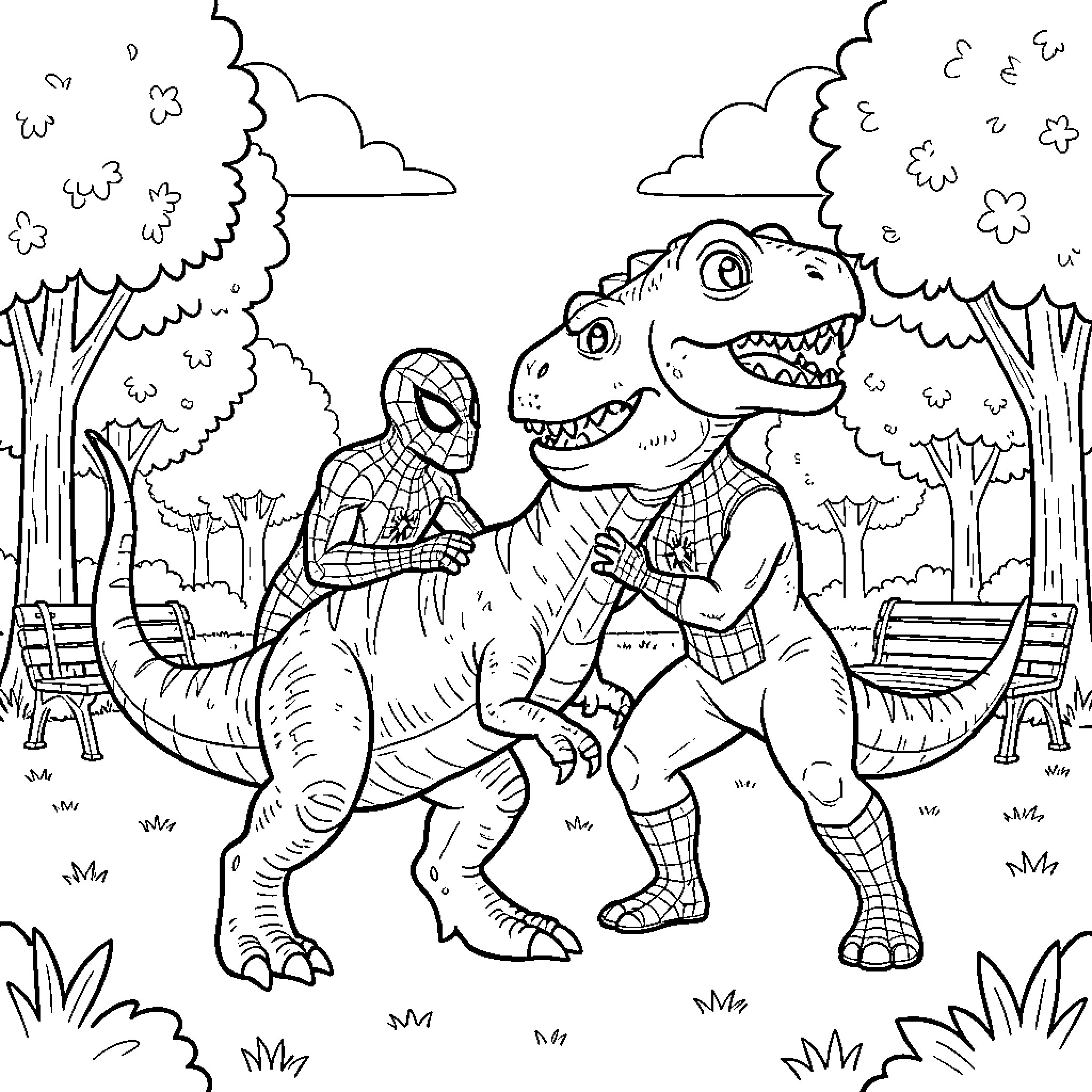 Spider-Man interacting with friendly dinosaurs in a park Coloring Page (free black-and-white line drawing printable PDF for all, from beginners to advanced learners, including children, teens, adults, and seniors)