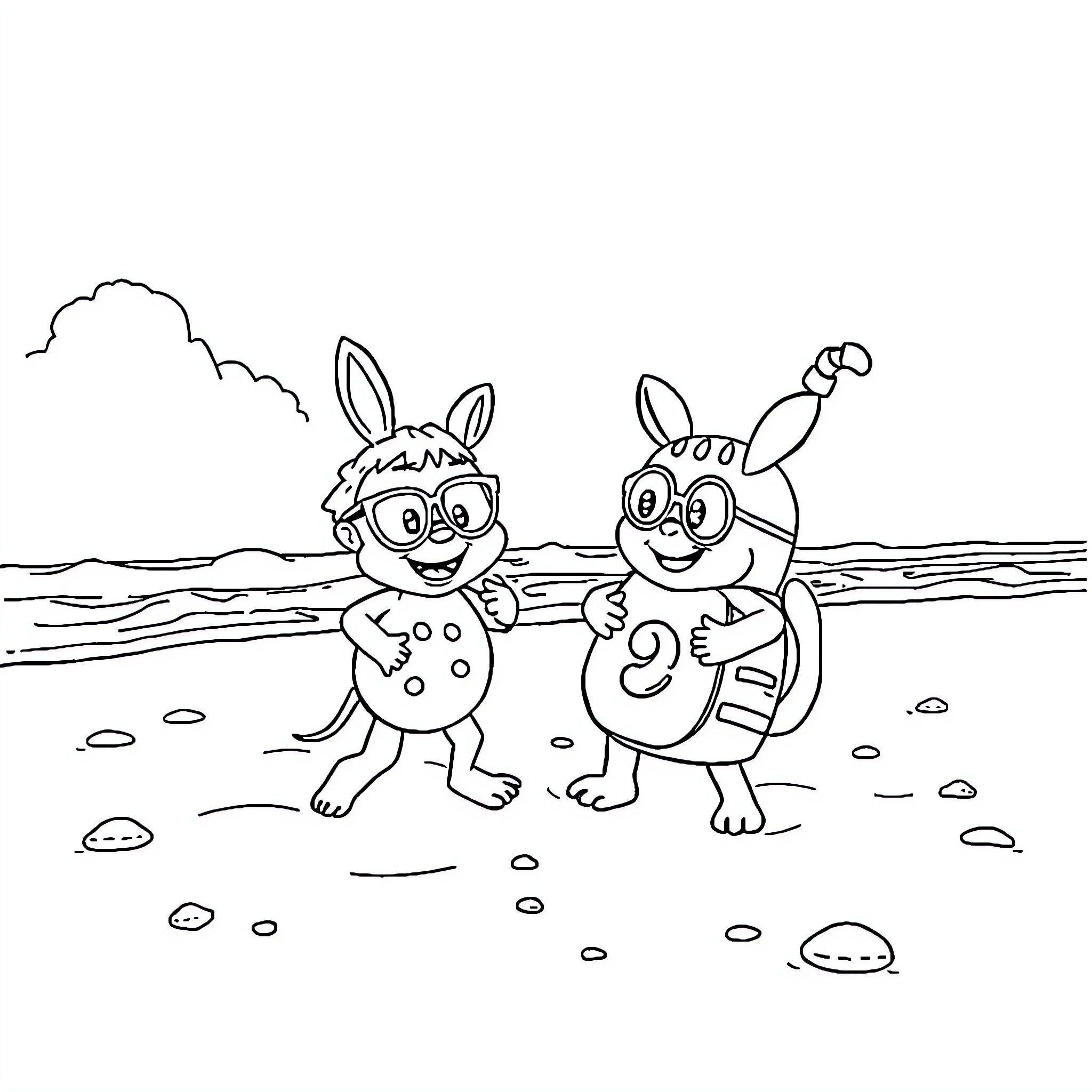 Tic et Tac playing happily on the beach Coloring Page (free black-and-white line drawing printable PDF for all, from beginners to advanced learners, including children, teens, adults, and seniors)