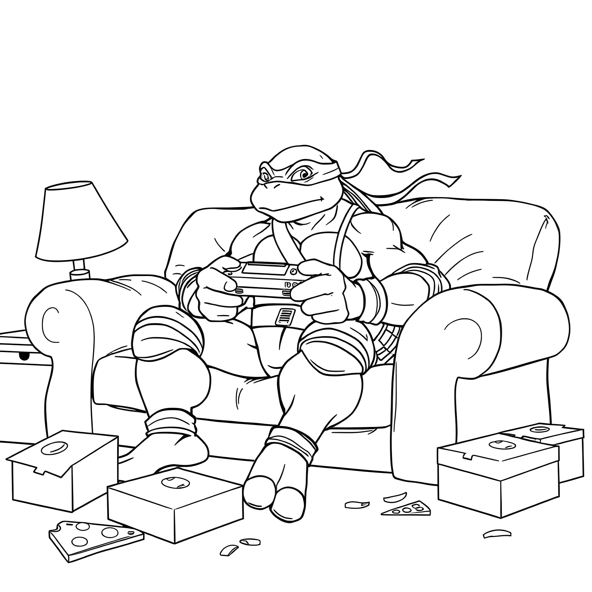 Raphael gaming on the sofa with video game controllers Coloring Page (free black-and-white line drawing printable PDF for all, from beginners to advanced learners, including children, teens, adults, and seniors)