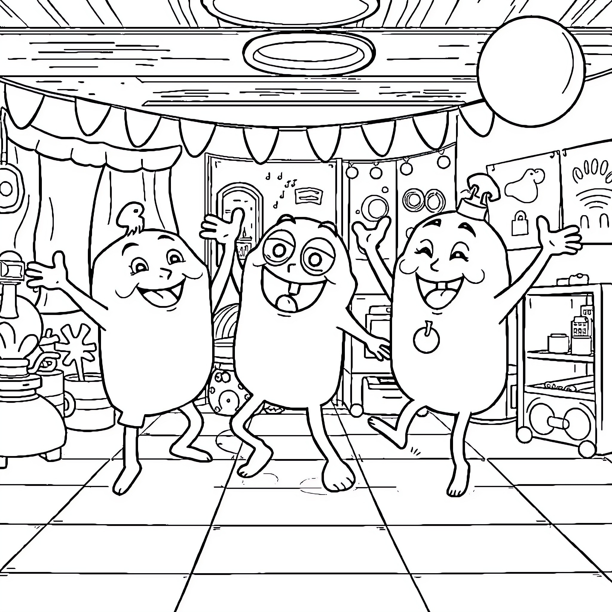 Yo Gabba Gabba characters having a party Coloring Page (free black-and-white line drawing printable PDF for all, from beginners to advanced learners, including children, teens, adults, and seniors)