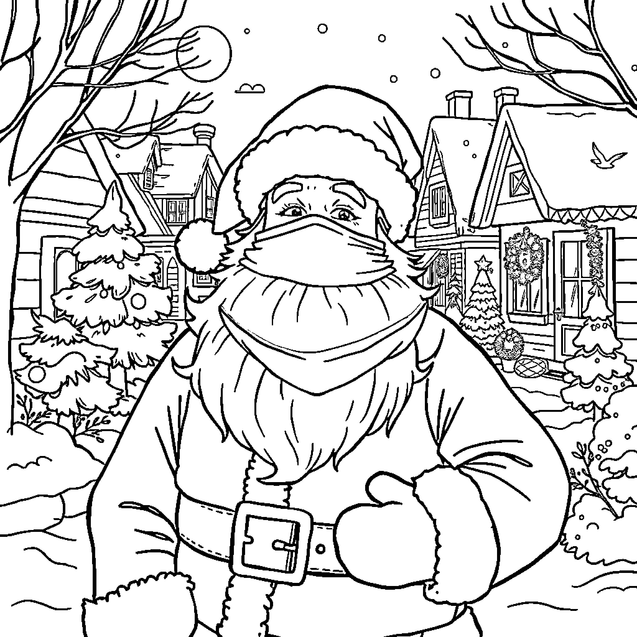 Santa strolling through a snowy winter village Coloring Page (free black-and-white line drawing printable PDF for all, from beginners to advanced learners, including children, teens, adults, and seniors)