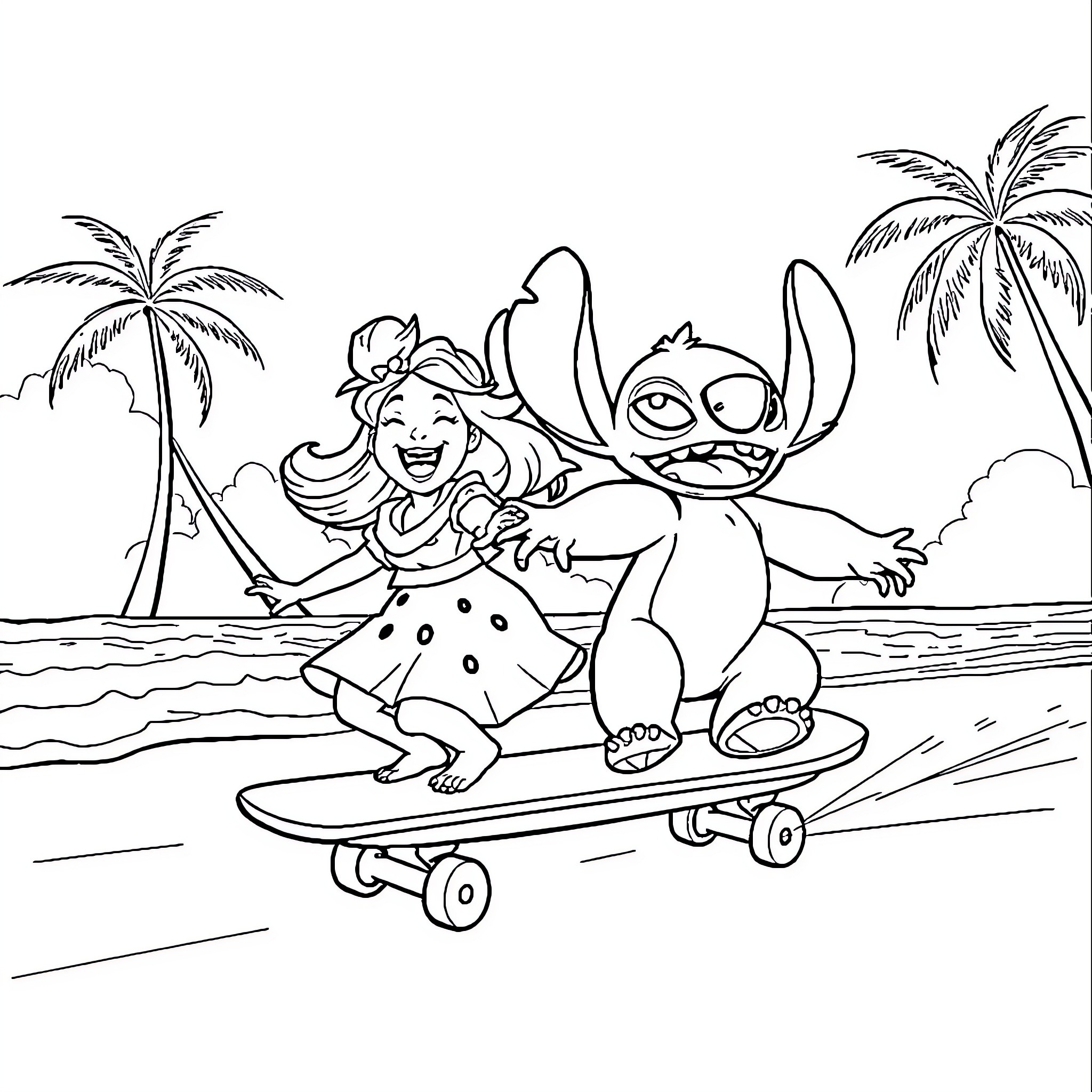 Lilo And Stitch surf on the waves together Coloring Page (free black-and-white line drawing printable PDF for all, from beginners to advanced learners, including children, teens, adults, and seniors)