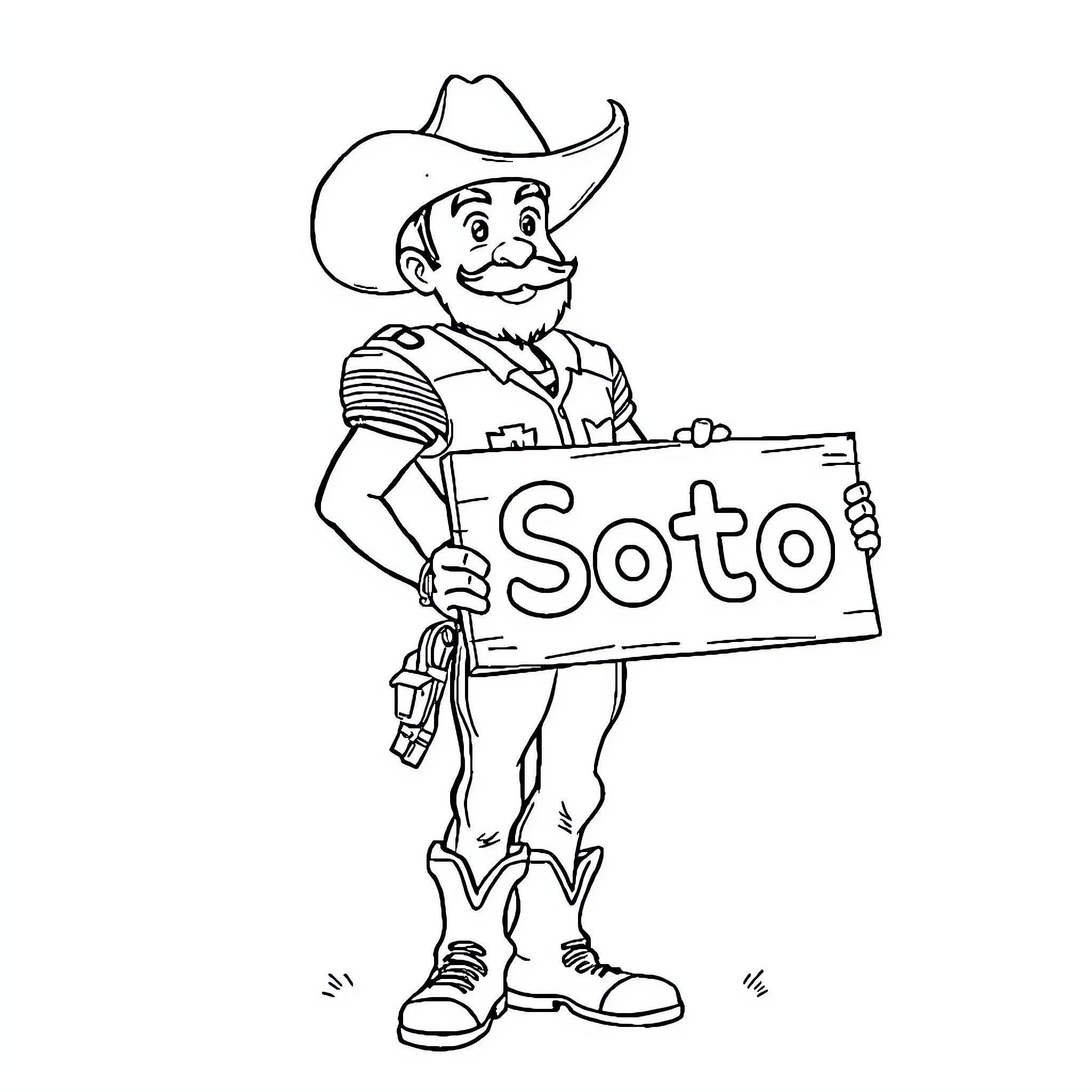 Cowboy happily promoting Soto brand Coloring Page (free black-and-white line drawing printable PDF for all, from beginners to advanced learners, including children, teens, adults, and seniors)