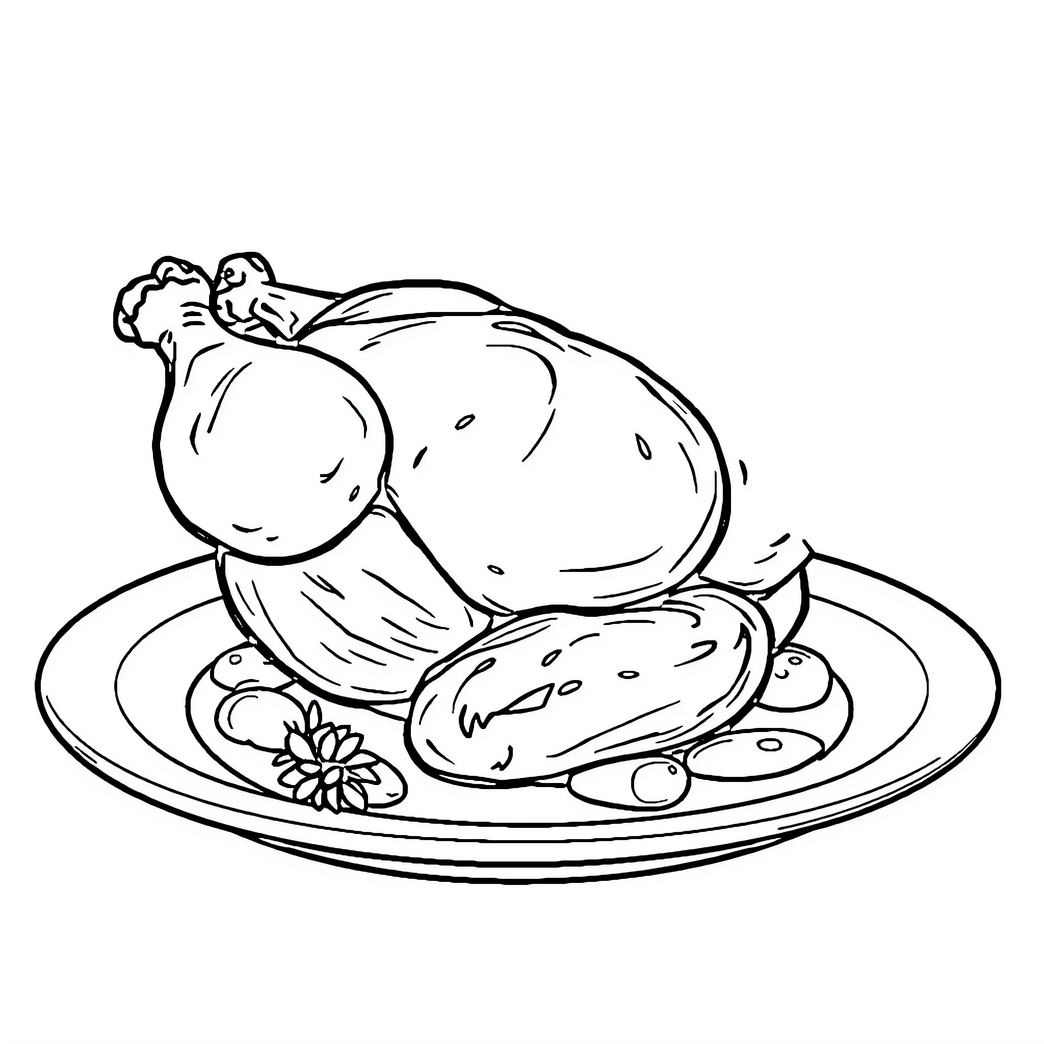 Chicken cooked on a plate with garnishes Coloring Page (free black-and-white line drawing printable PDF for all, from beginners to advanced learners, including children, teens, adults, and seniors)
