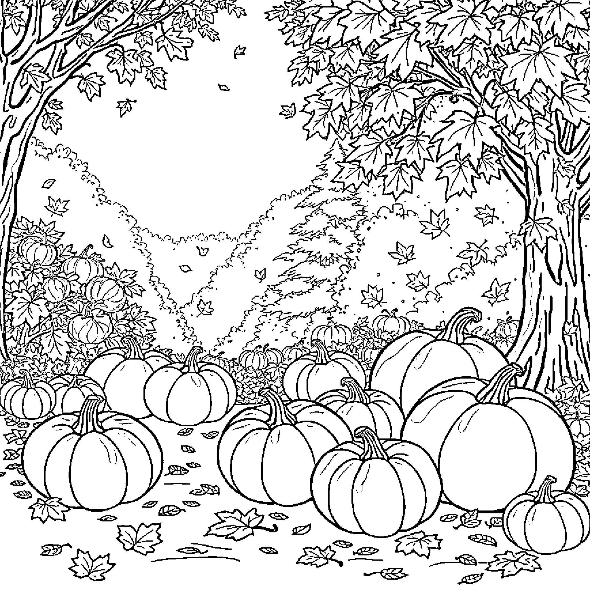Pumpkin Patch in Autumn Forest Coloring Page (free black-and-white line drawing printable PDF for all, from beginners to advanced learners, including children, teens, adults, and seniors)