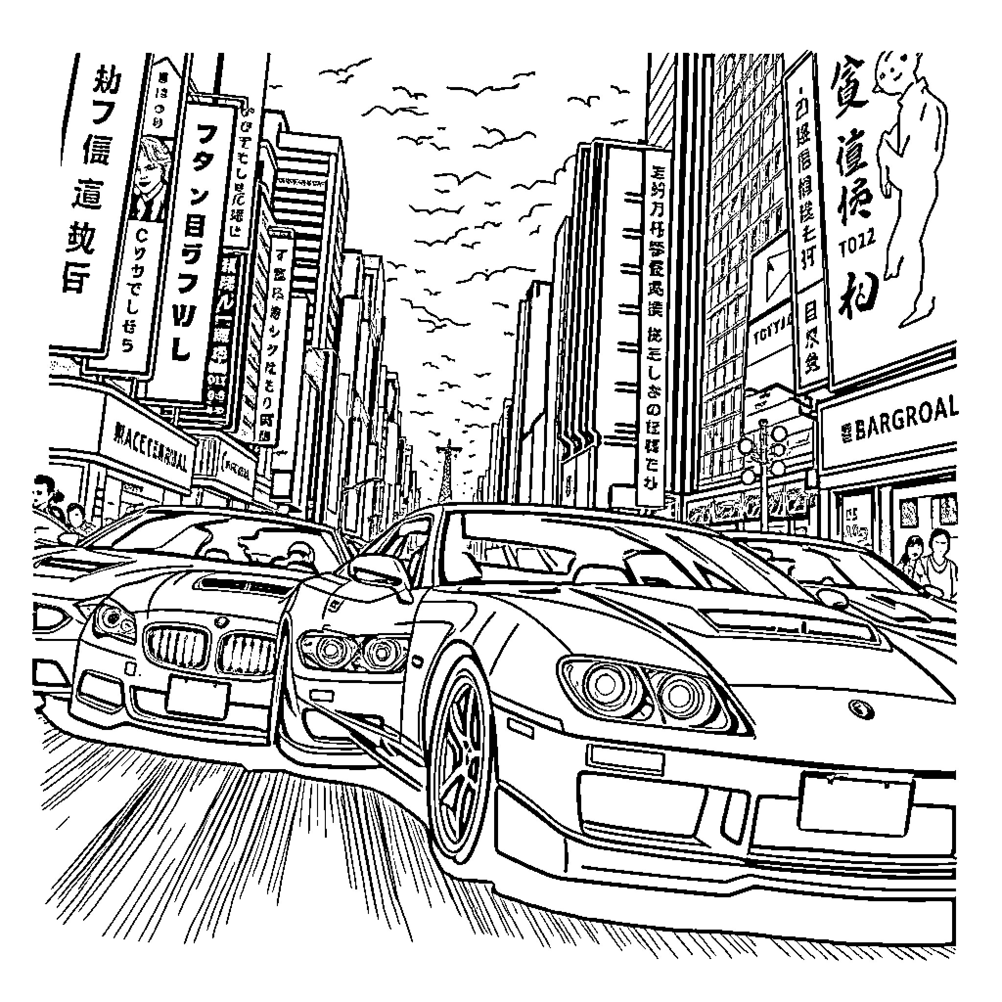 Car racing through busy city streets Coloring Page (free black-and-white line drawing printable PDF for all, from beginners to advanced learners, including children, teens, adults, and seniors)