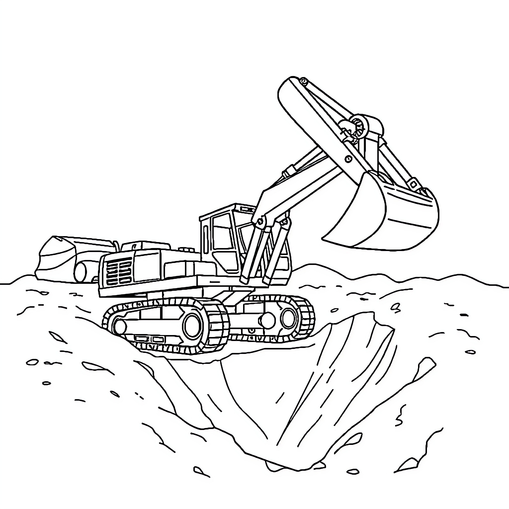 Excavator digging in construction site Coloring Page (free black-and-white line drawing printable PDF for all, from beginners to advanced learners, including children, teens, adults, and seniors)