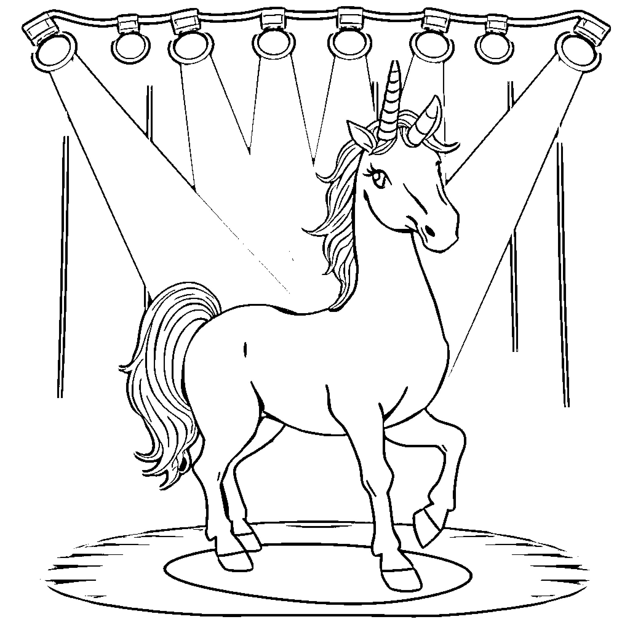 Fliscorno's Magical Unicorn Show Coloring Page (free black-and-white line drawing printable PDF for all, from beginners to advanced learners, including children, teens, adults, and seniors)