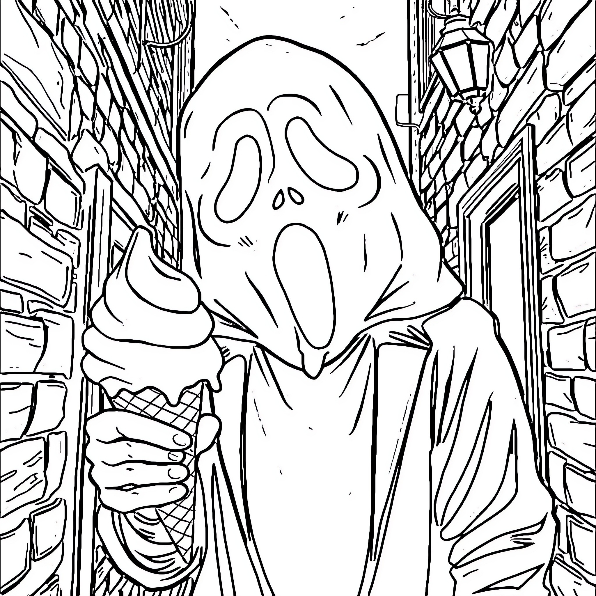 Ghostface haunting the dark alleyway Coloring Page (free black-and-white line drawing printable PDF for all, from beginners to advanced learners, including children, teens, adults, and seniors)