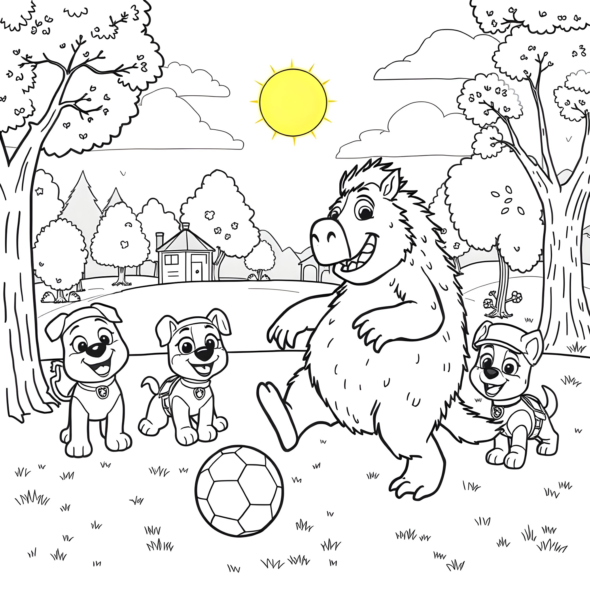 Gruffalo playing with puppies in the countryside Coloring Page (free black-and-white line drawing printable PDF for all, from beginners to advanced learners, including children, teens, adults, and seniors)