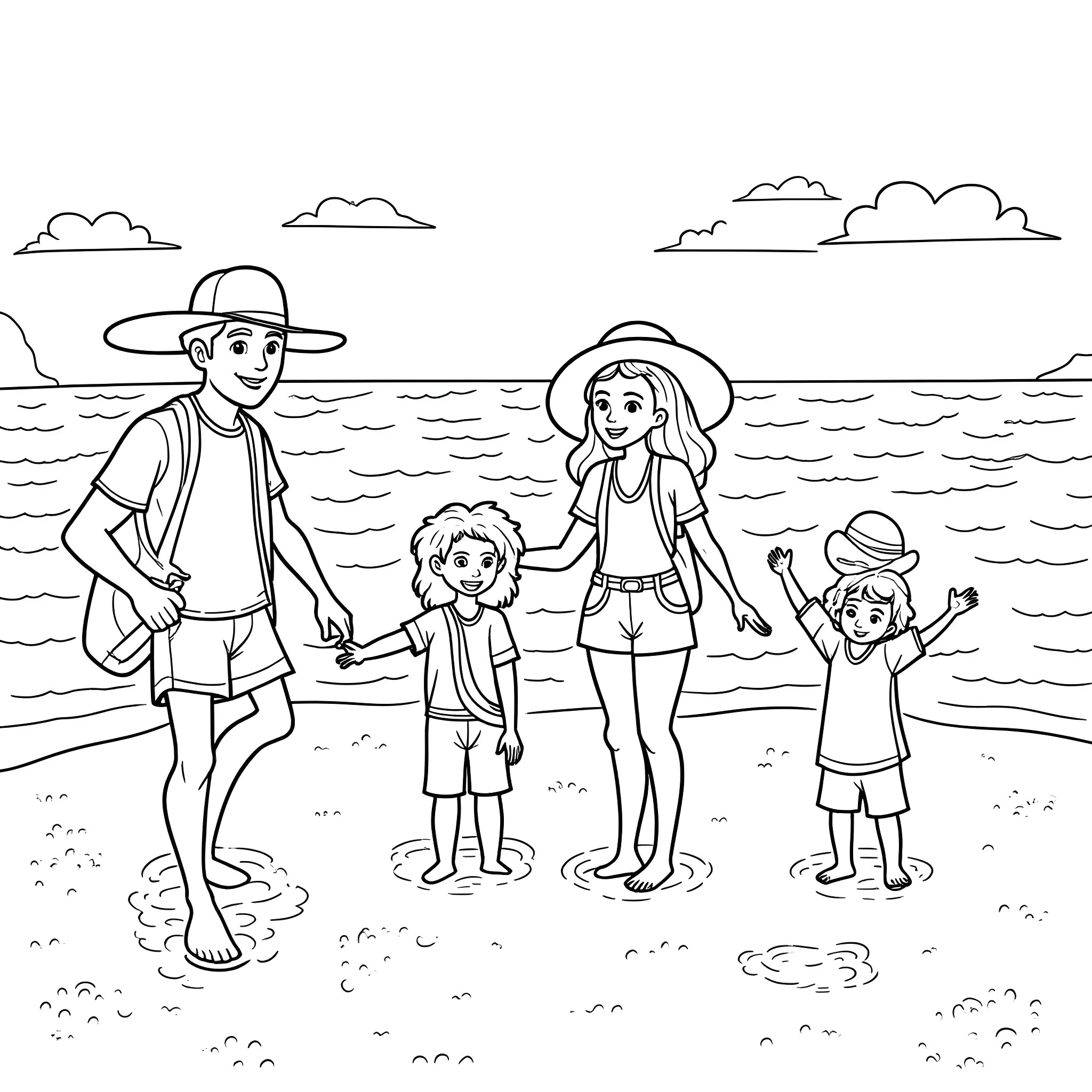 Vacation on the Beach with Family Coloring Page (free black-and-white line drawing printable PDF for all, from beginners to advanced learners, including children, teens, adults, and seniors)