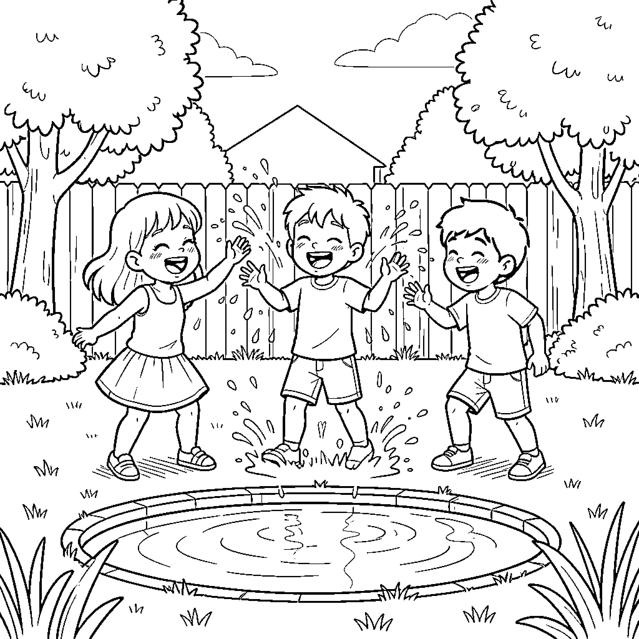 Kid jumping and splashing in a garden puddle Coloring Page (free black-and-white line drawing printable PDF for all, from beginners to advanced learners, including children, teens, adults, and seniors)
