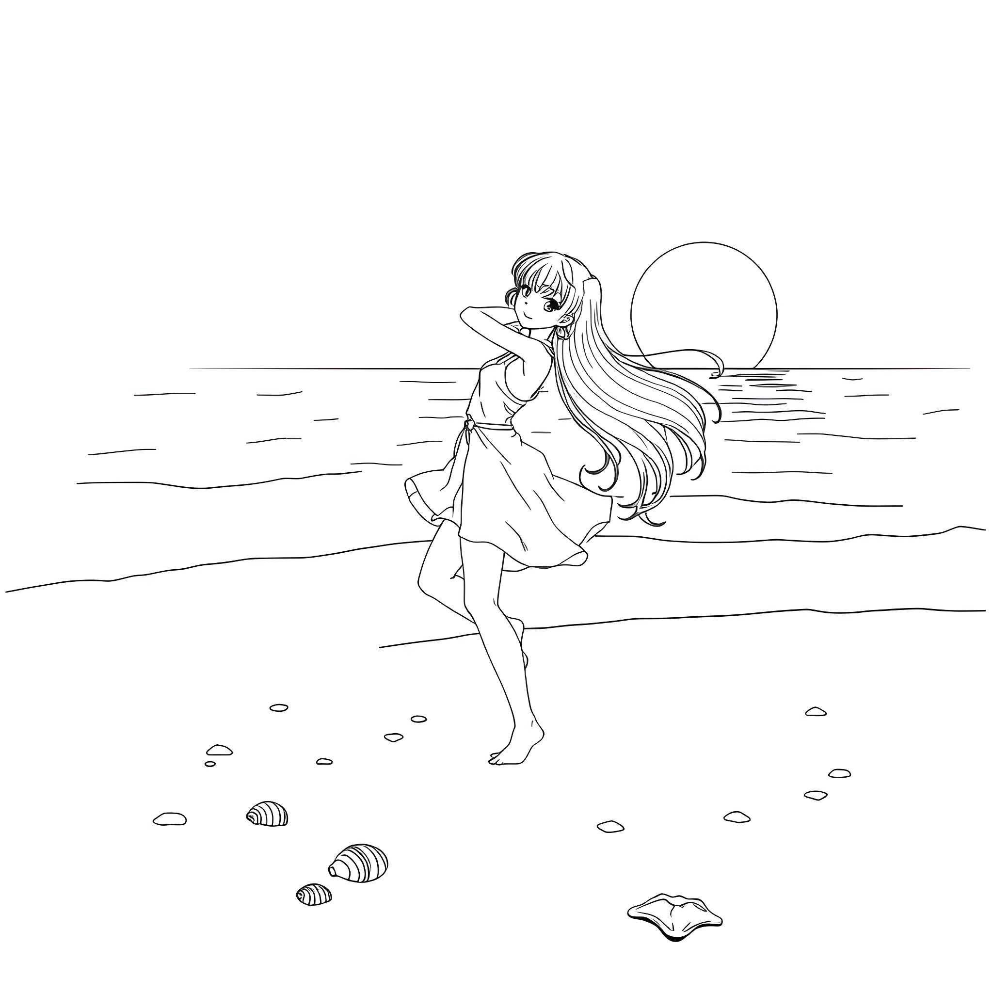 Anime Girl admiring the moon by the seashore Coloring Page (free black-and-white line drawing printable PDF for all, from beginners to advanced learners, including children, teens, adults, and seniors)