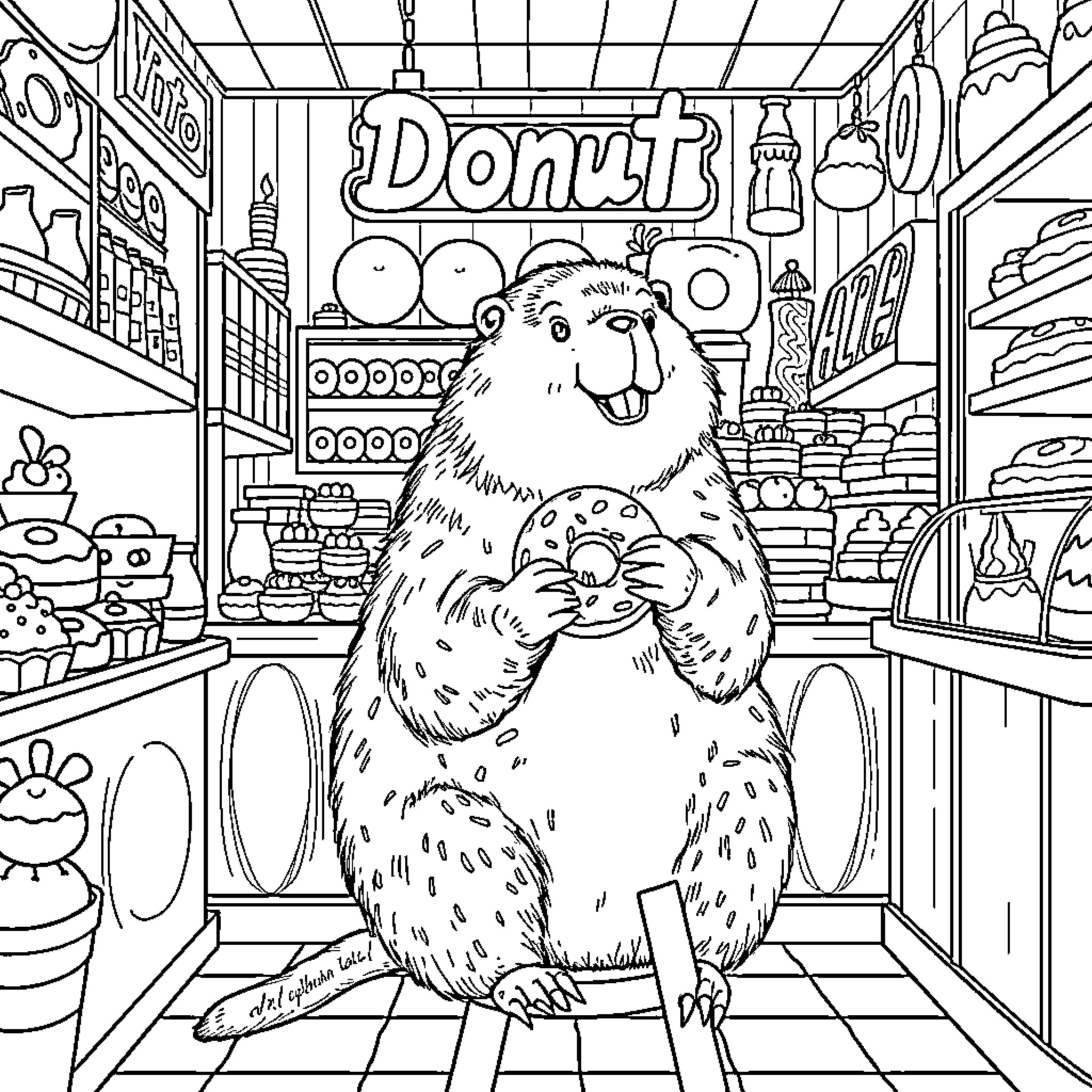 Capibara exploring the delights of a donut shop Coloring Page (free black-and-white line drawing printable PDF for all, from beginners to advanced learners, including children, teens, adults, and seniors)