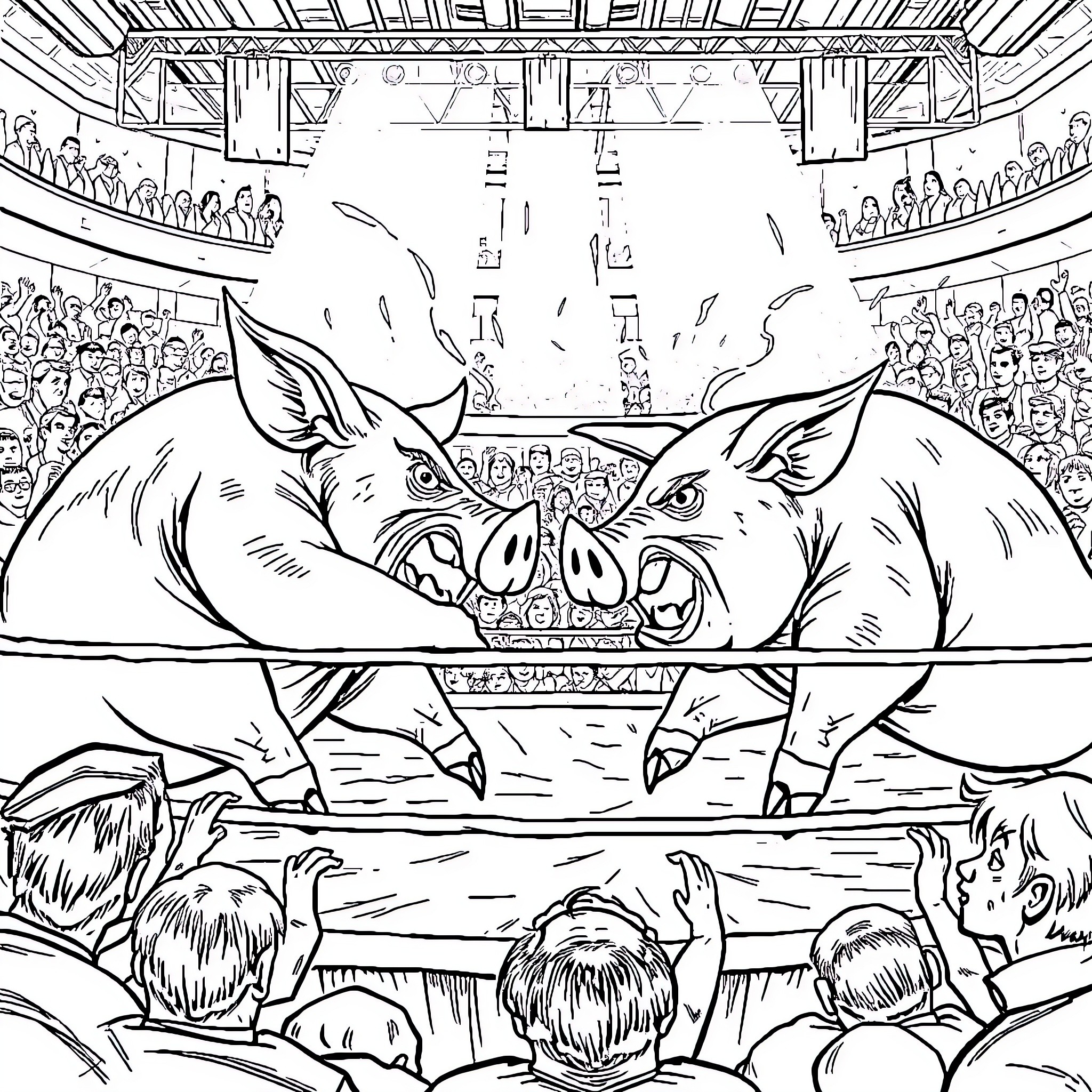 Pigs battling in a crowded arena Coloring Page (free black-and-white line drawing printable PDF for all, from beginners to advanced learners, including children, teens, adults, and seniors)