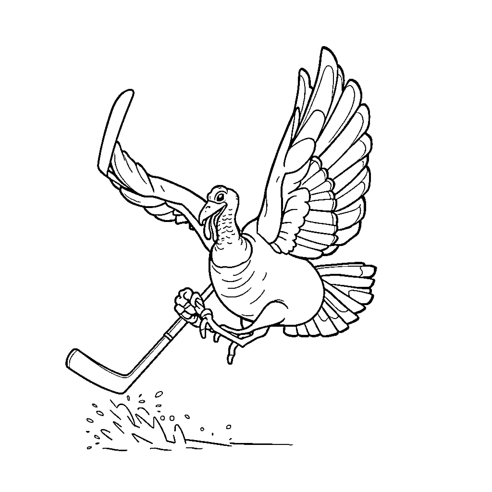 Turkey bird spreading wings in flight Coloring Page (free black-and-white line drawing printable PDF for all, from beginners to advanced learners, including children, teens, adults, and seniors)