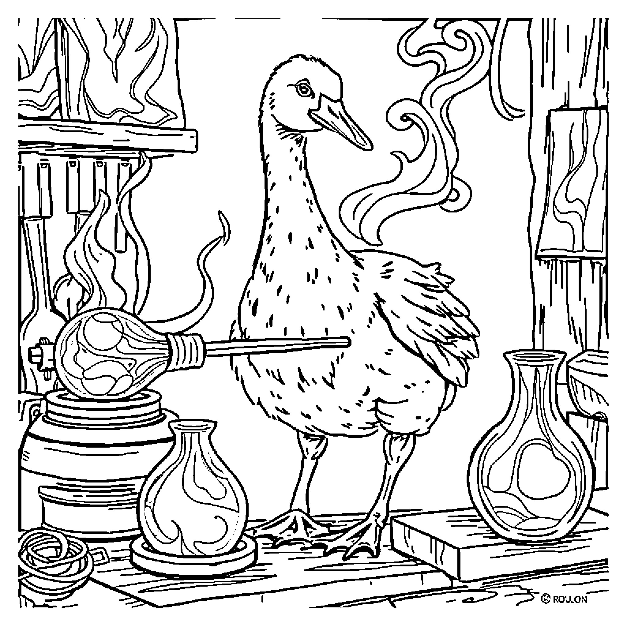 Goose in a Whimsical Artistry Scene Coloring Page (free black-and-white line drawing printable PDF for all, from beginners to advanced learners, including children, teens, adults, and seniors)