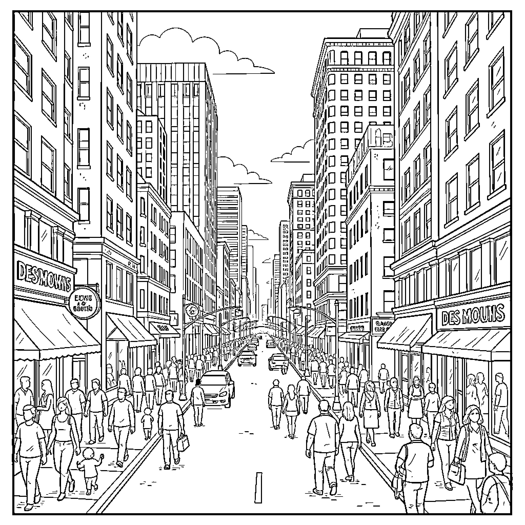 Des Moines citizens walking through a busy city street Coloring Page (free black-and-white line drawing printable PDF for all, from beginners to advanced learners, including children, teens, adults, and seniors)