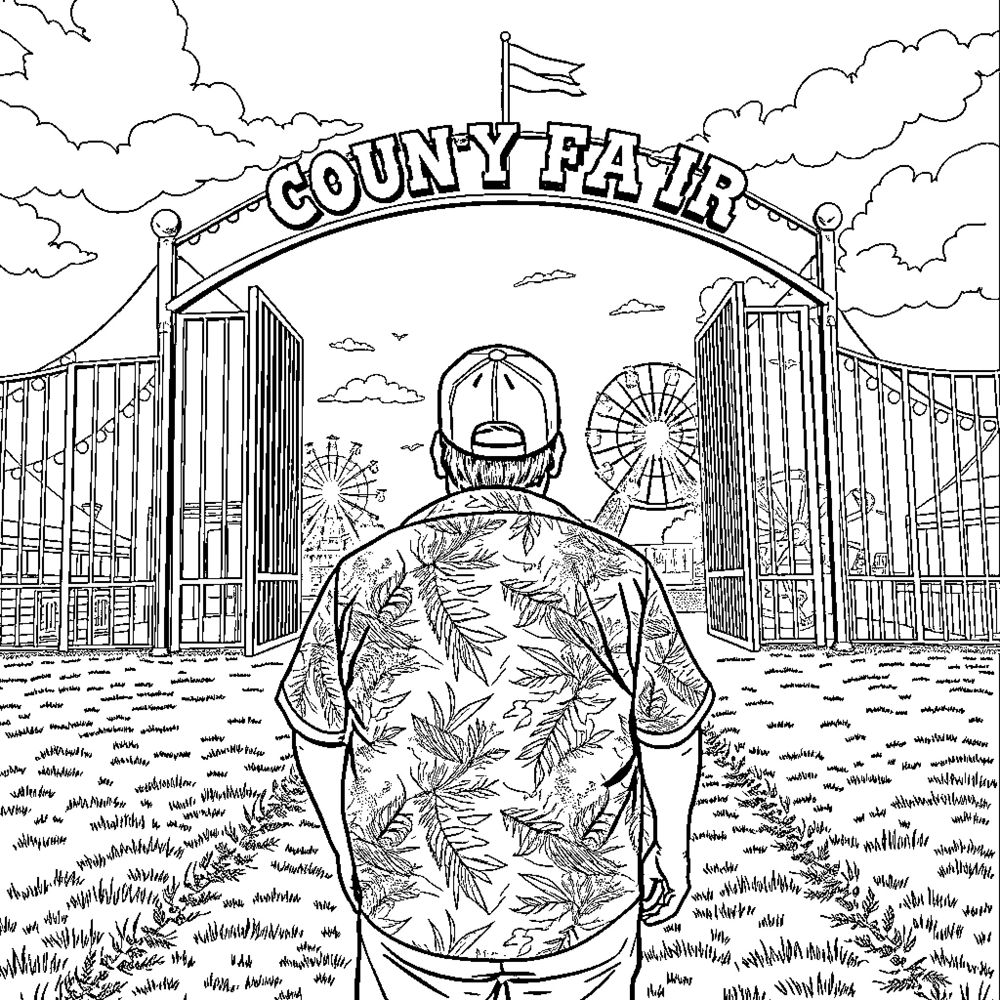 Man entering county fair with festive decorations Coloring Page (free black-and-white line drawing printable PDF for all, from beginners to advanced learners, including children, teens, adults, and seniors)
