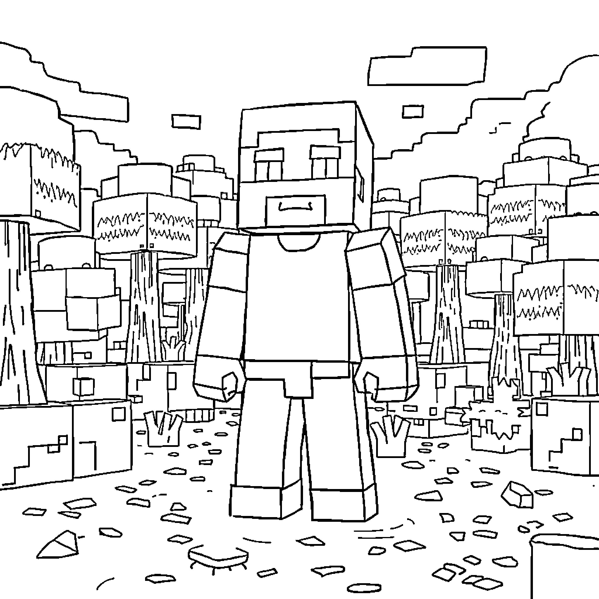 Steve exploring the blocky city landscape Coloring Page (free black-and-white line drawing printable PDF for all, from beginners to advanced learners, including children, teens, adults, and seniors)