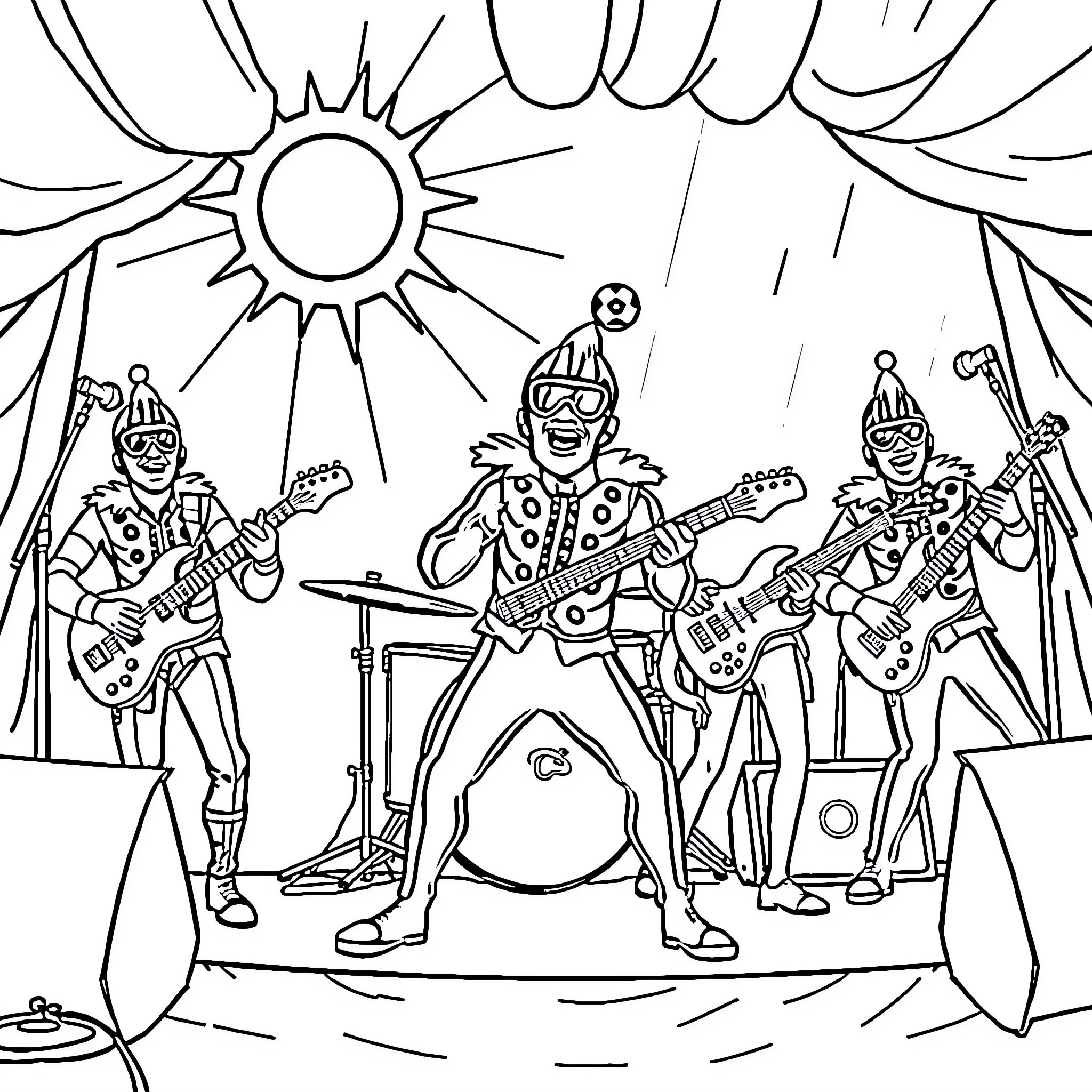 Aquabats performing on stage with costumes and instruments Coloring Page (free black-and-white line drawing printable PDF for all, from beginners to advanced learners, including children, teens, adults, and seniors)