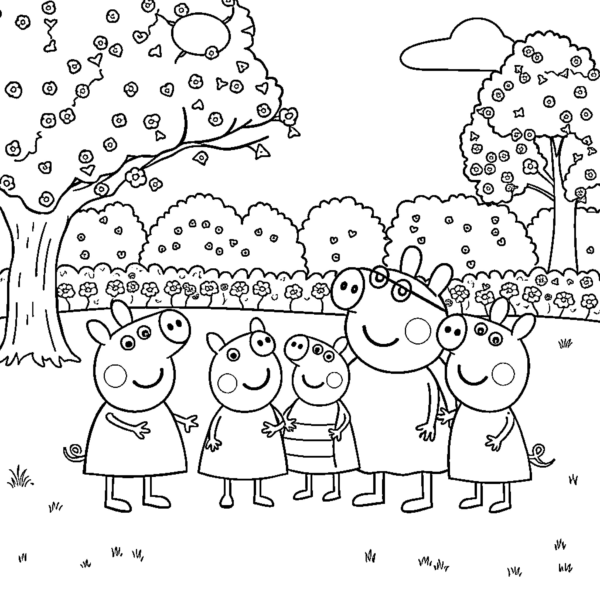 Peppa Pig family enjoying nature together Coloring Page (free black-and-white line drawing printable PDF for all, from beginners to advanced learners, including children, teens, adults, and seniors)