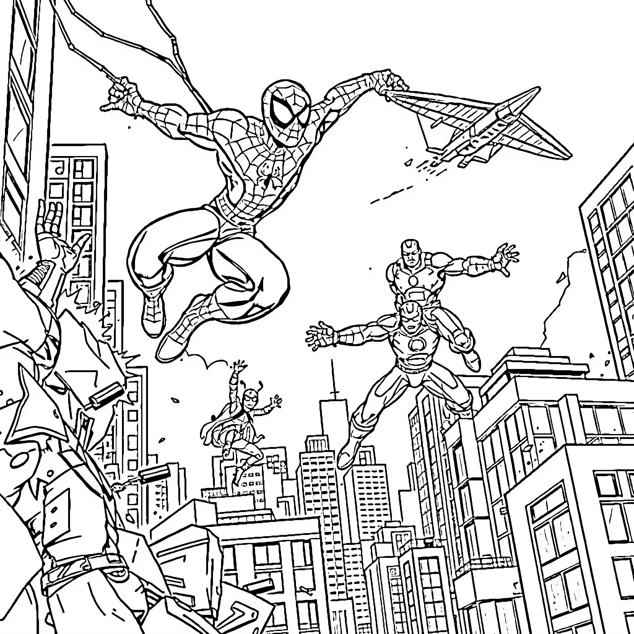 Superhero action in the city skyline Coloring Page (free black-and-white line drawing printable PDF for all, from beginners to advanced learners, including children, teens, adults, and seniors)