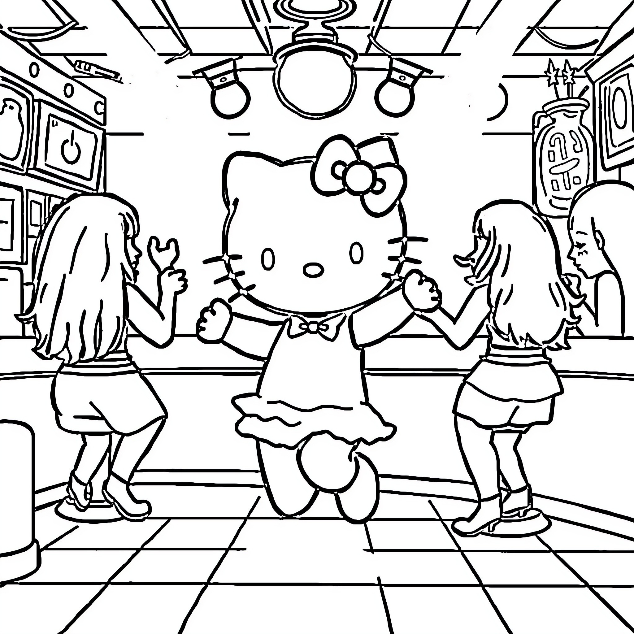 Hello Kitty dancing with friends in the room Coloring Page (free black-and-white line drawing printable PDF for all, from beginners to advanced learners, including children, teens, adults, and seniors)
