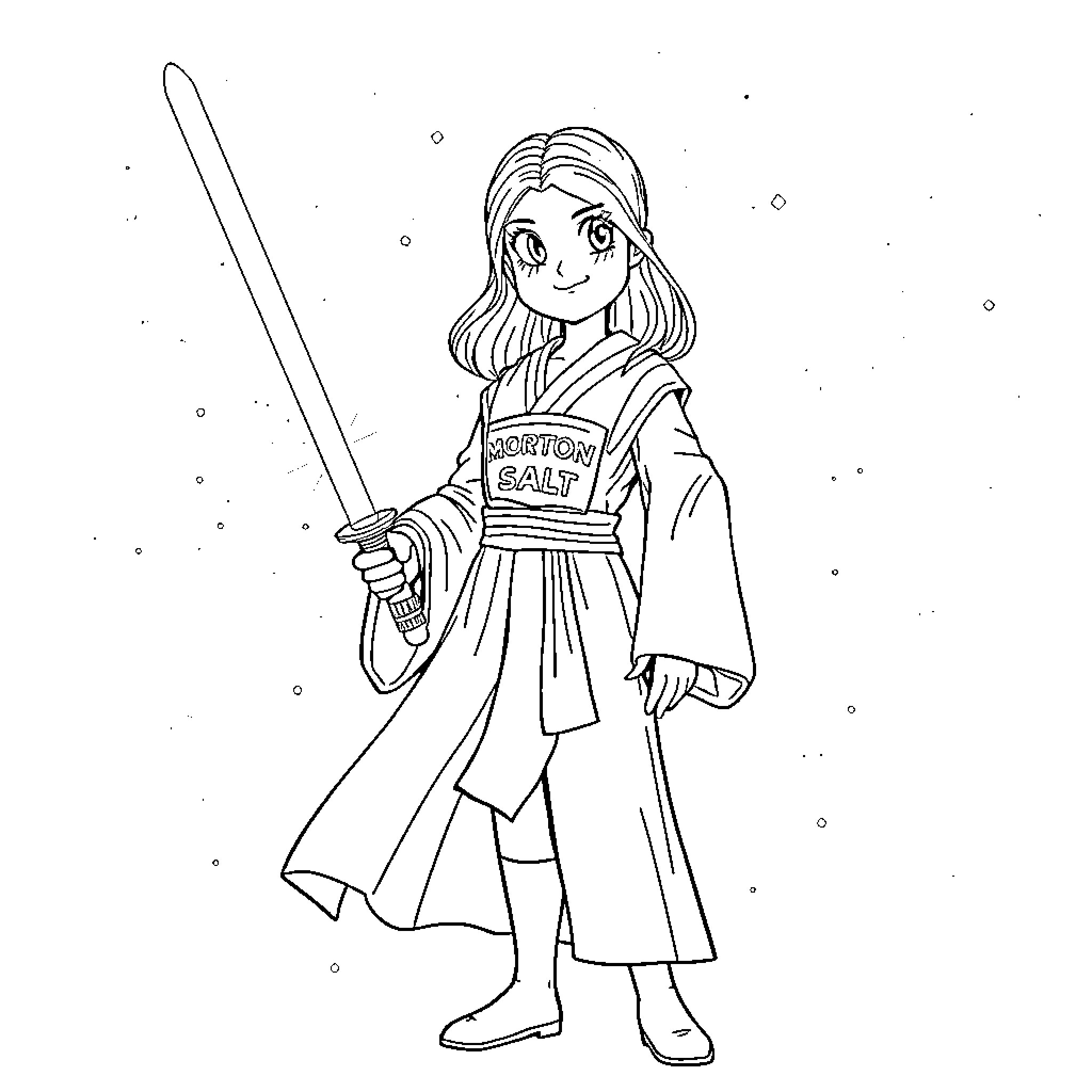 Morton Salt Girl as a Jedi Knight Coloring Page (free black-and-white line drawing printable PDF for all, from beginners to advanced learners, including children, teens, adults, and seniors)