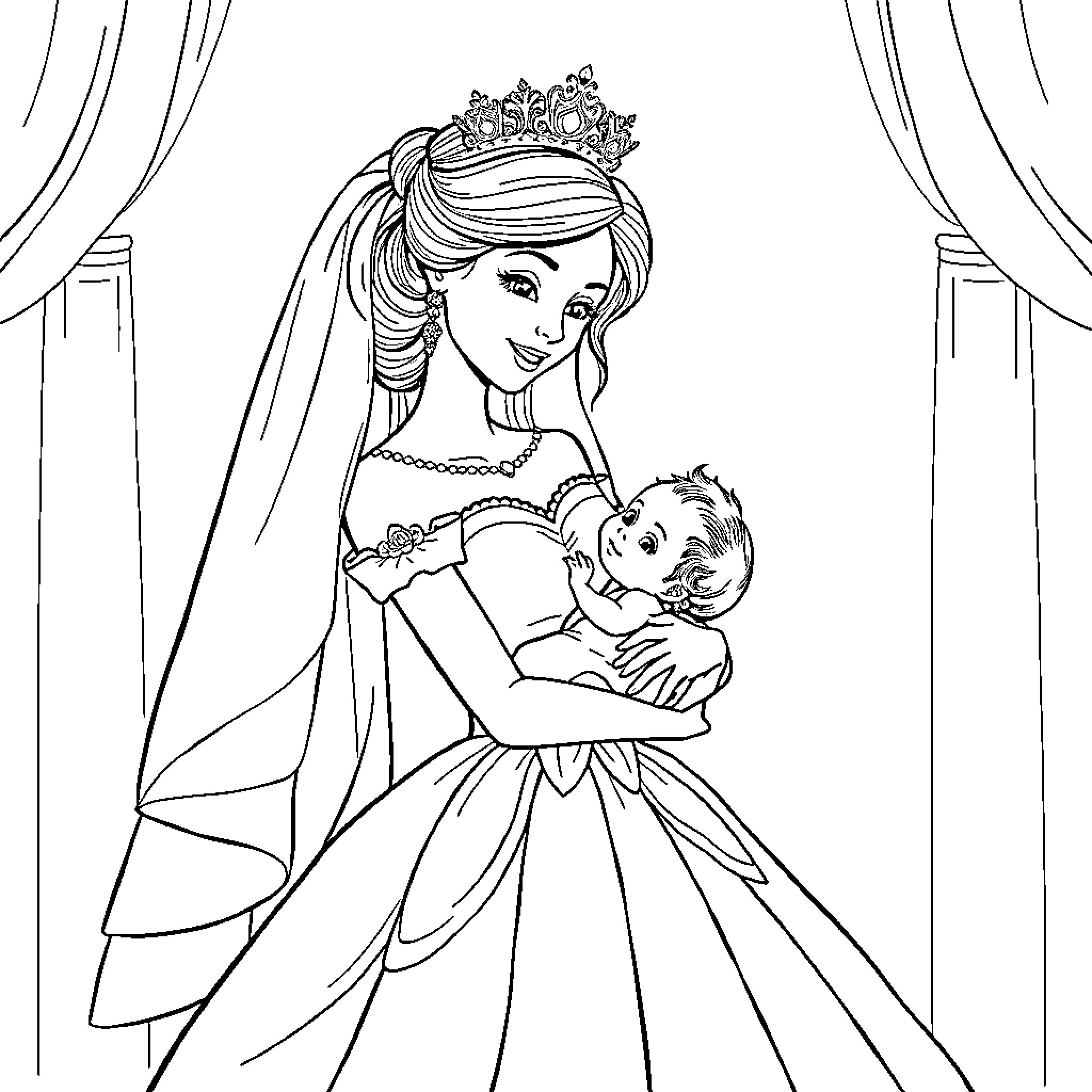 Princess Holding Baby with Adoration Coloring Page (free black-and-white line drawing printable PDF for all, from beginners to advanced learners, including children, teens, adults, and seniors)