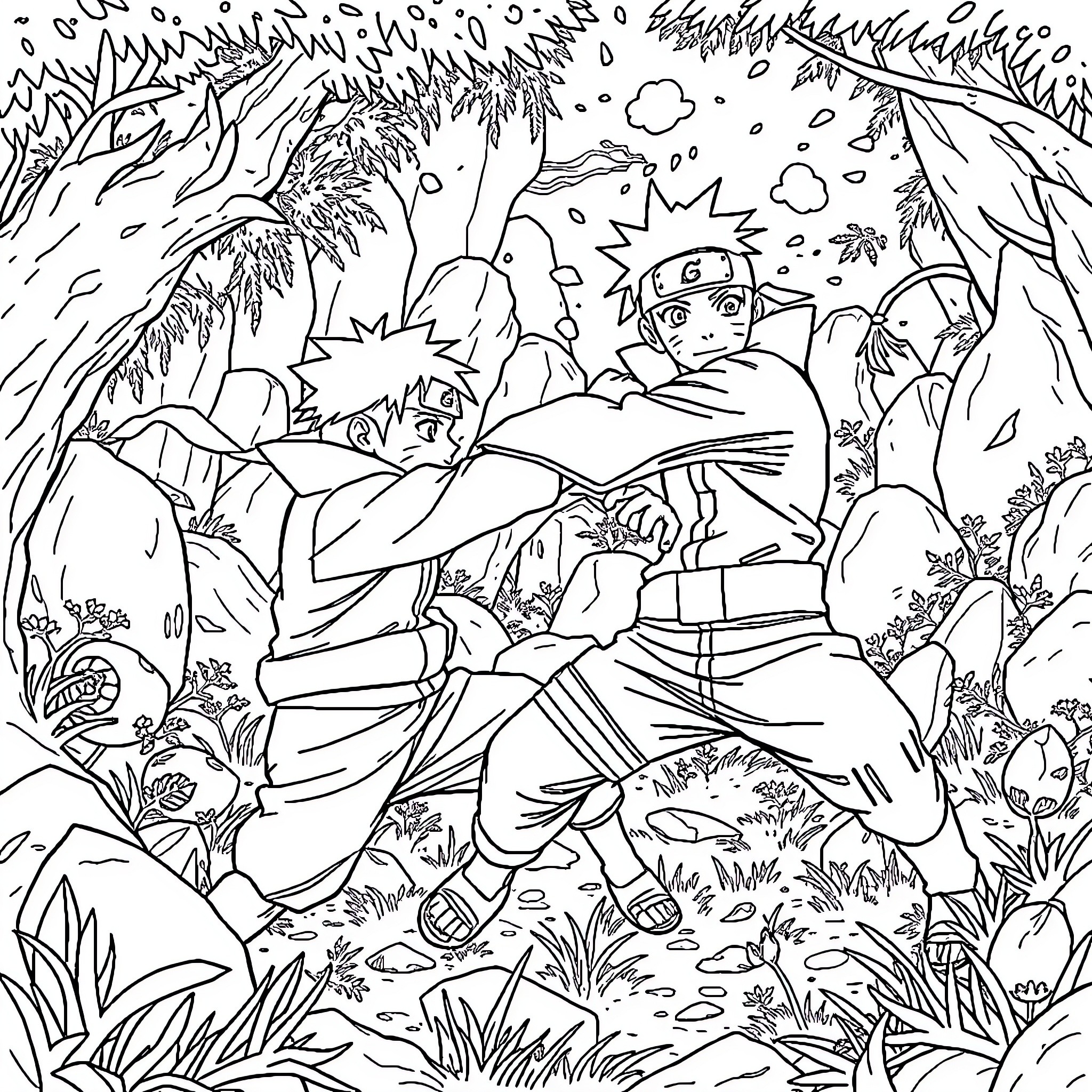Naruto and Sasuke battling in a forest scene Coloring Page (free black-and-white line drawing printable PDF for all, from beginners to advanced learners, including children, teens, adults, and seniors)