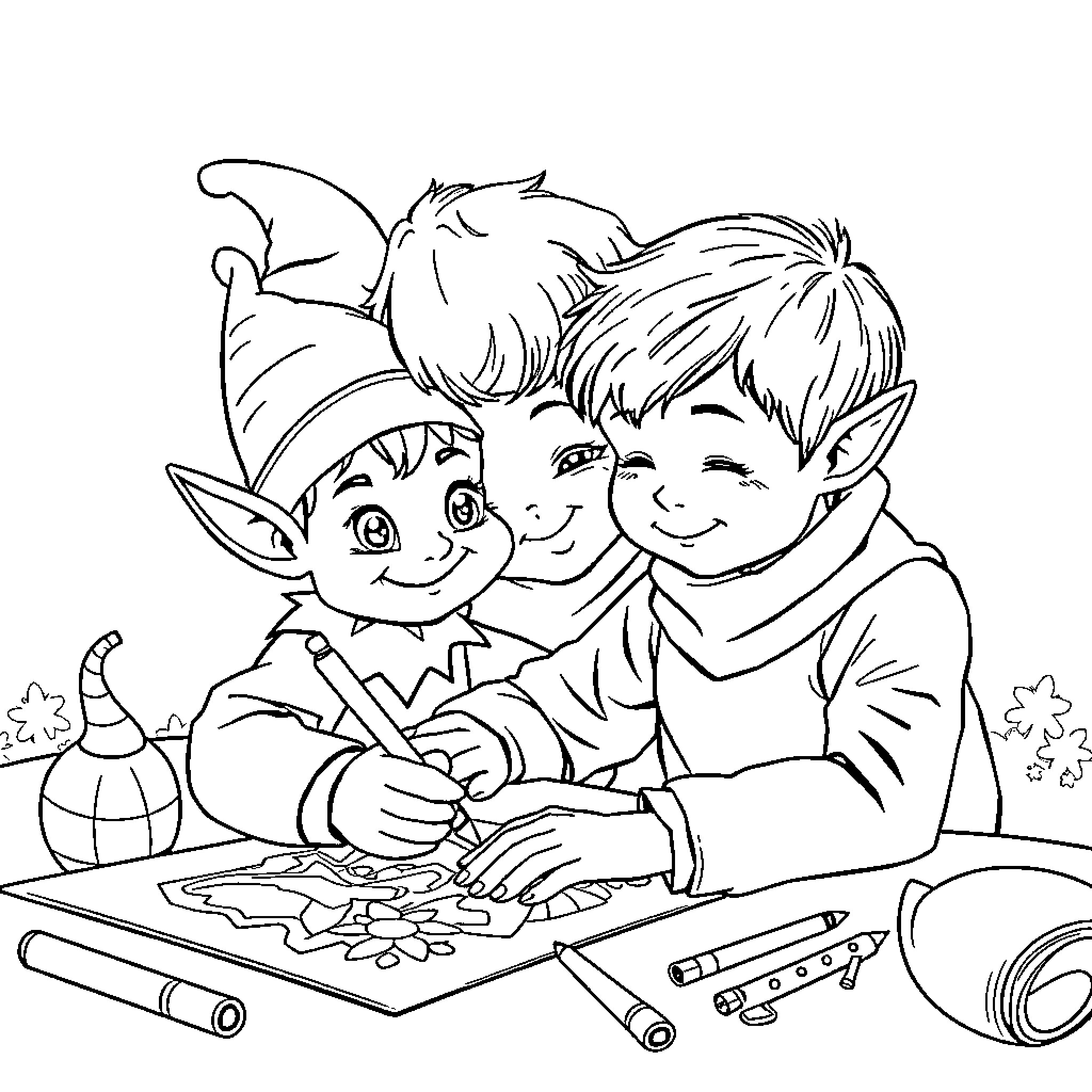 Boy and elf coloring together joyfully Coloring Page (free black-and-white line drawing printable PDF for all, from beginners to advanced learners, including children, teens, adults, and seniors)