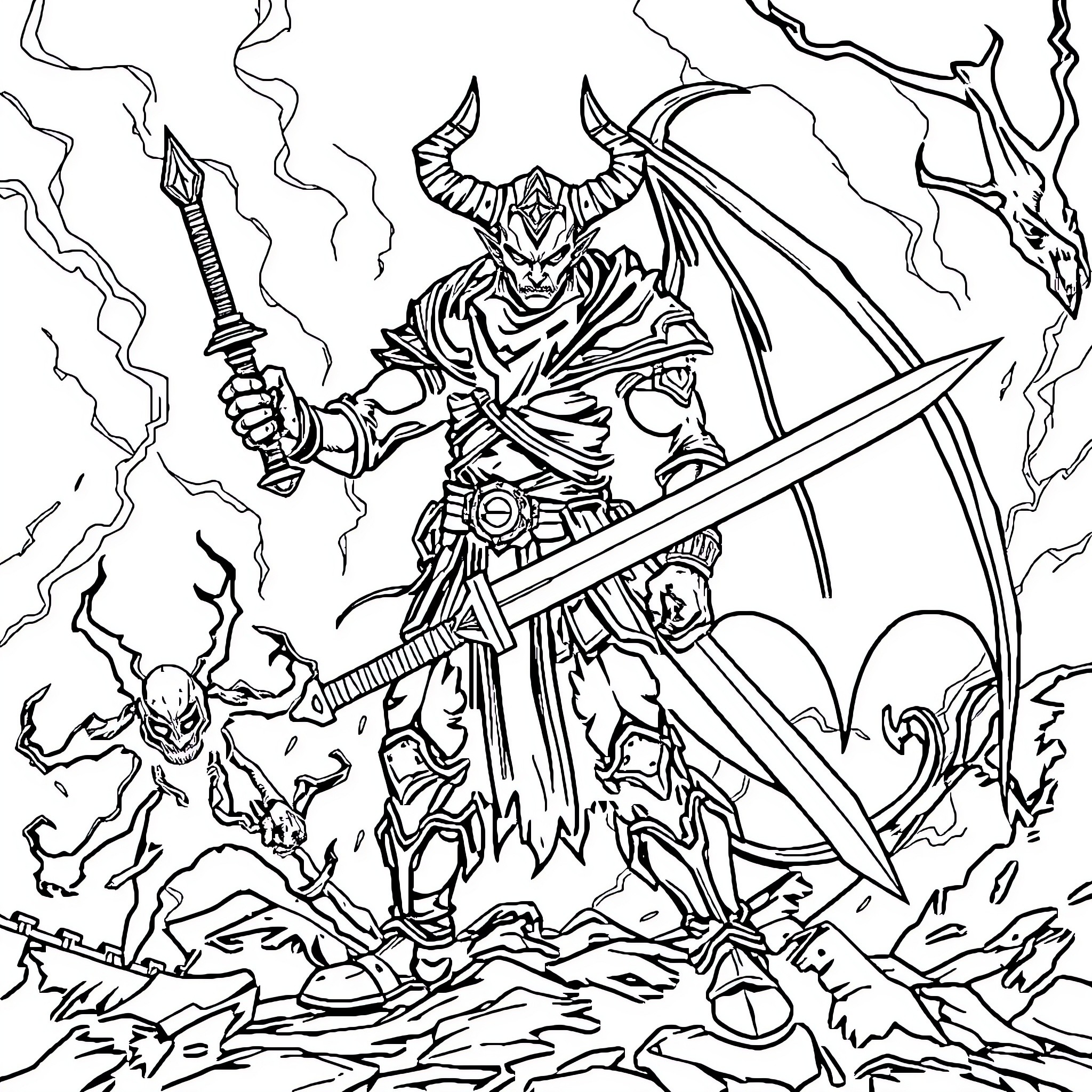 Demon Slayer Fighting Fierce Enemies with Sword and Skill Coloring Page (free black-and-white line drawing printable PDF for all, from beginners to advanced learners, including children, teens, adults, and seniors)