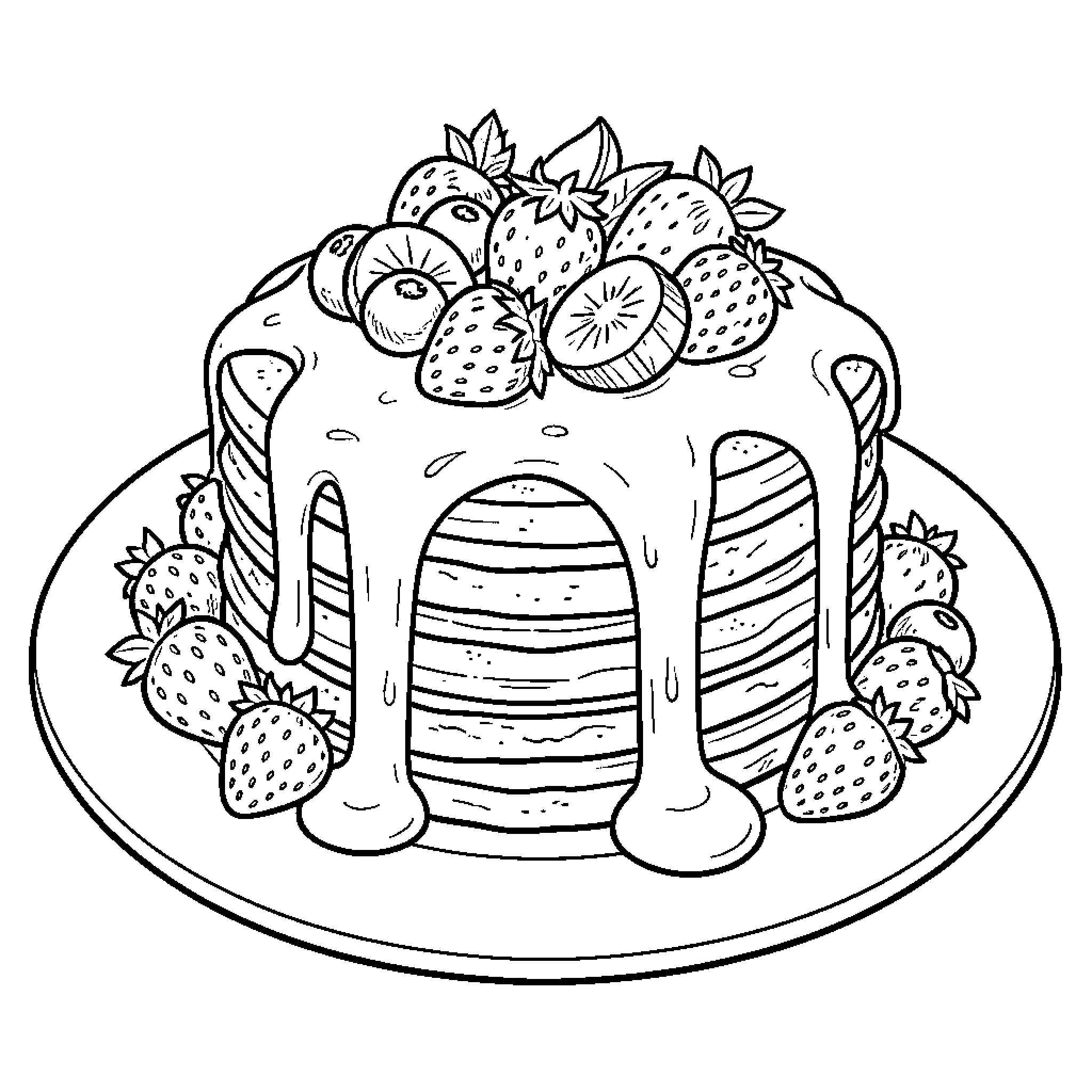 Pancake Stack Adorned with Fresh Strawberries Coloring Page (free black-and-white line drawing printable PDF for all, from beginners to advanced learners, including children, teens, adults, and seniors)