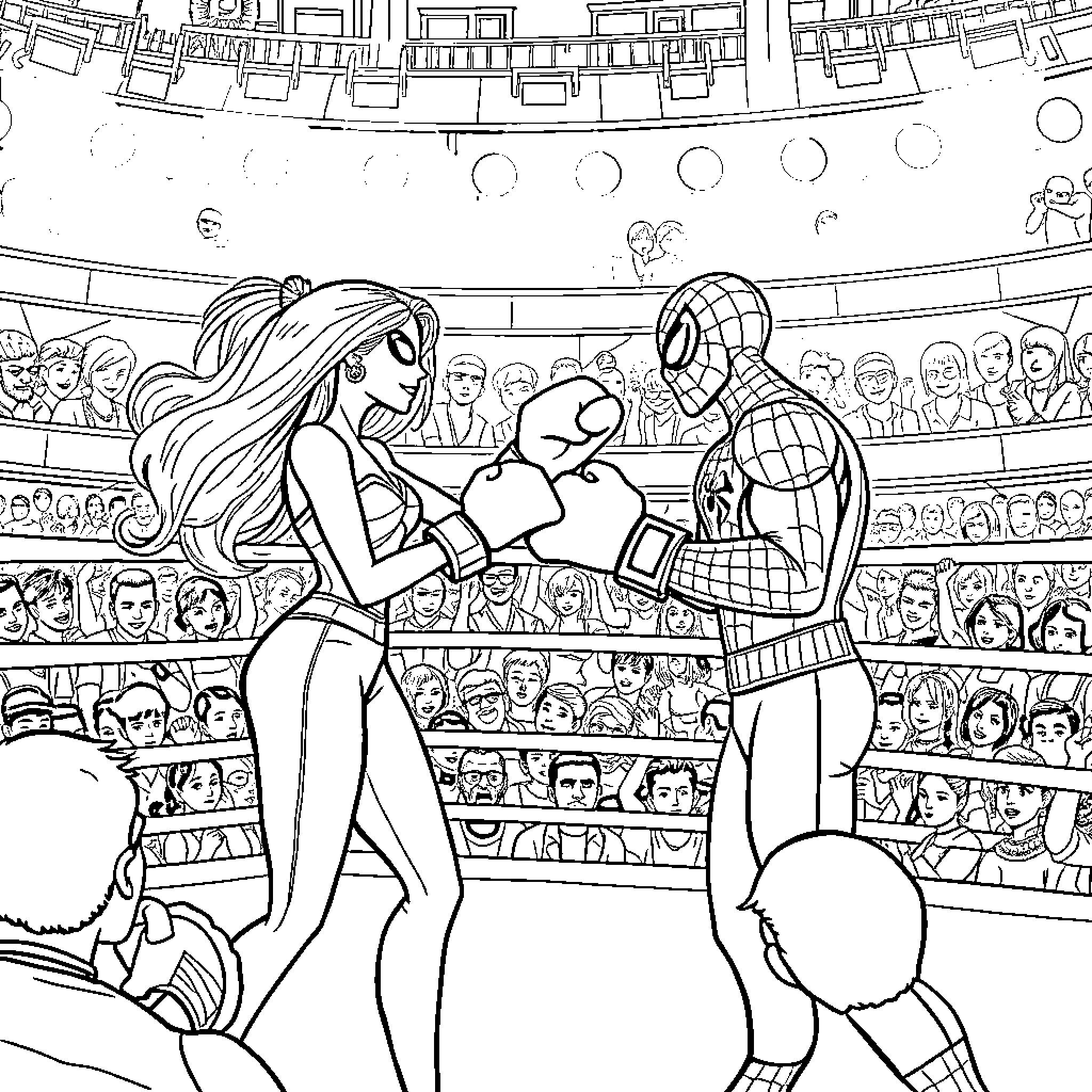 Barbie and Spider-Man Dueling in a Wrestling Arena Coloring Page (free black-and-white line drawing printable PDF for all, from beginners to advanced learners, including children, teens, adults, and seniors)