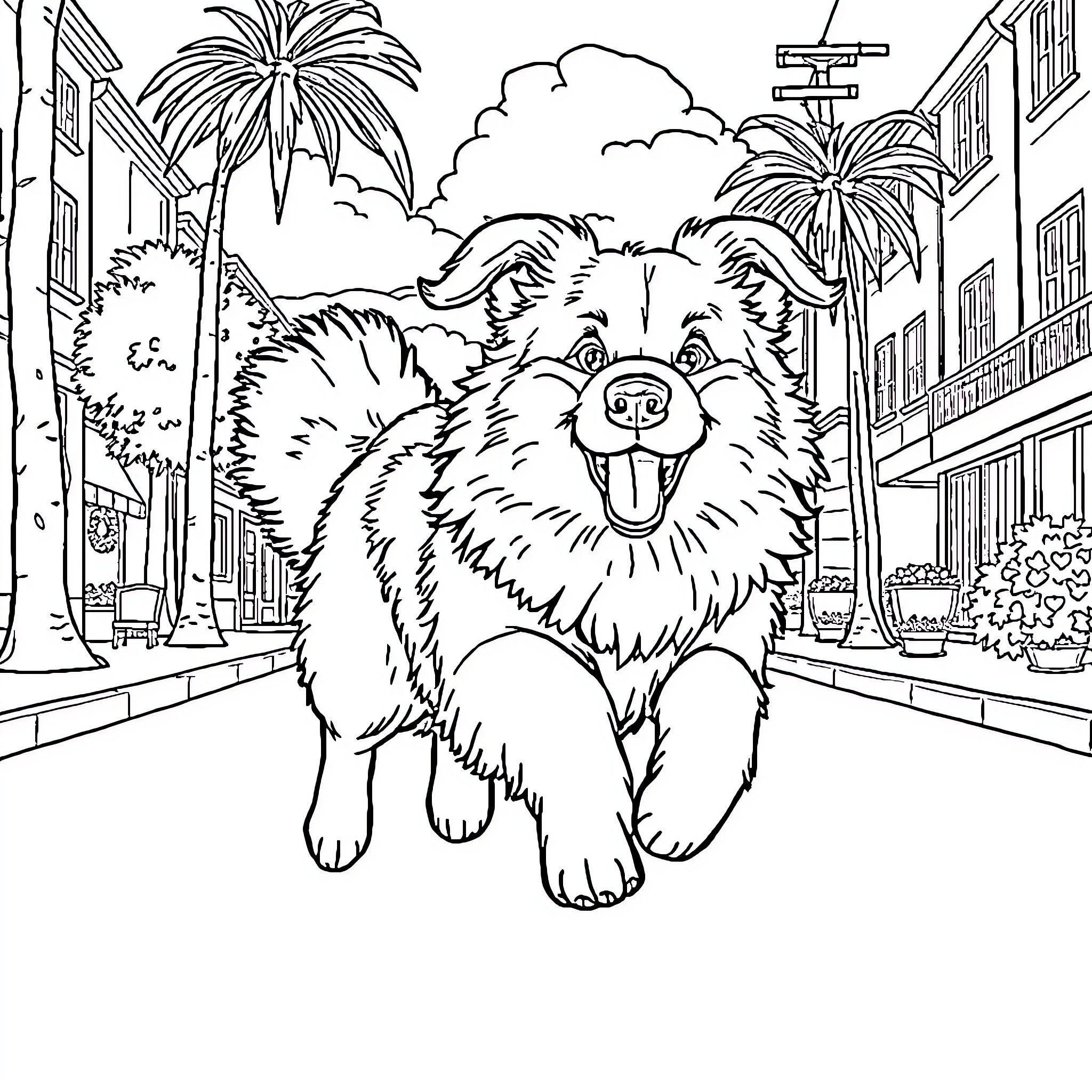 Dog happily exploring tropical street scene Coloring Page (free black-and-white line drawing printable PDF for all, from beginners to advanced learners, including children, teens, adults, and seniors)