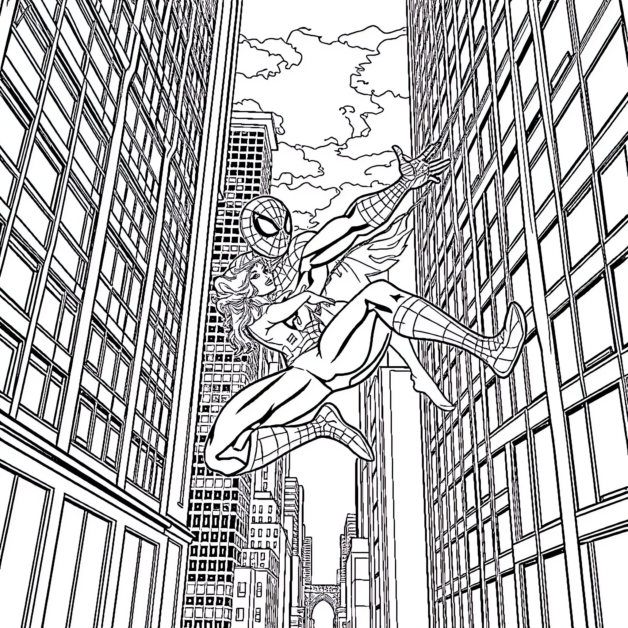 Spiderman swinging through the city skyline Coloring Page (free black-and-white line drawing printable PDF for all, from beginners to advanced learners, including children, teens, adults, and seniors)