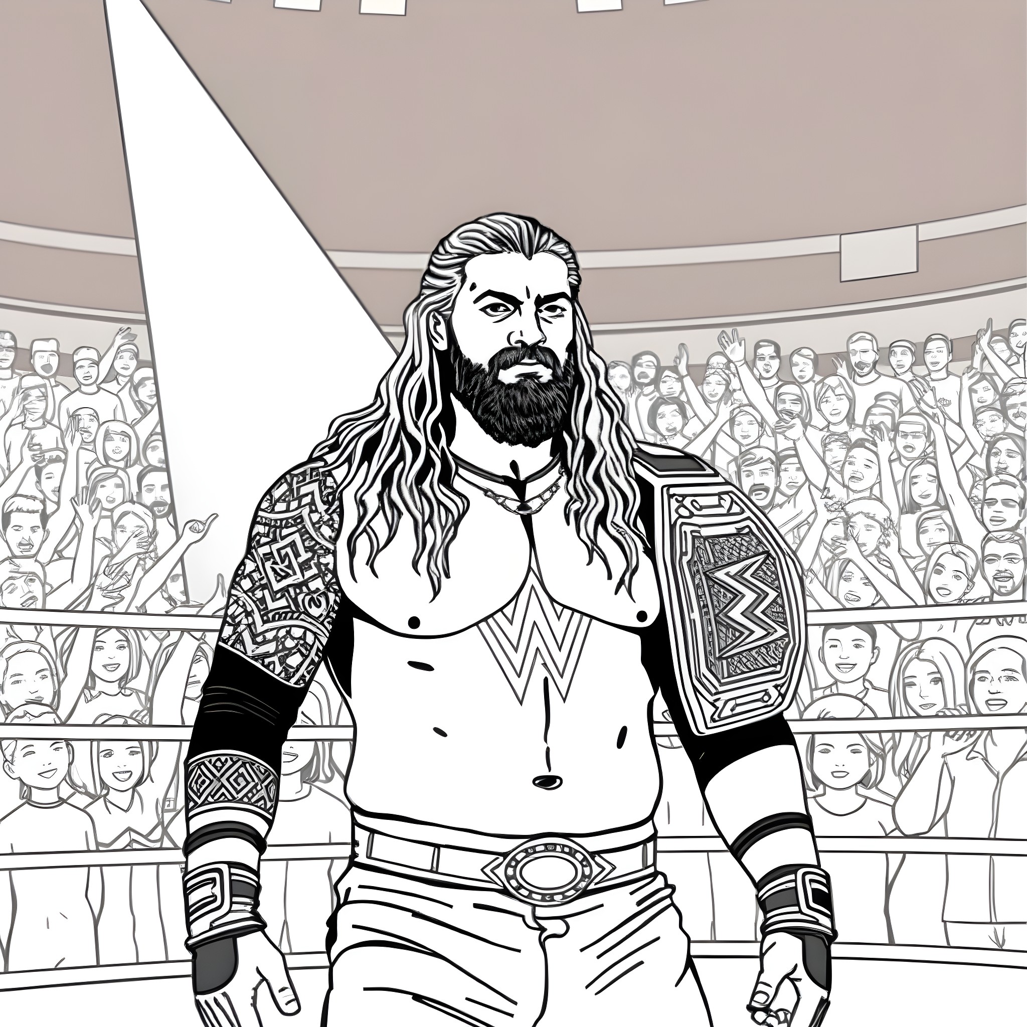 Roman Reigns Stands Tall in the Wrestling Ring Coloring Page (free black-and-white line drawing printable PDF for all, from beginners to advanced learners, including children, teens, adults, and seniors)