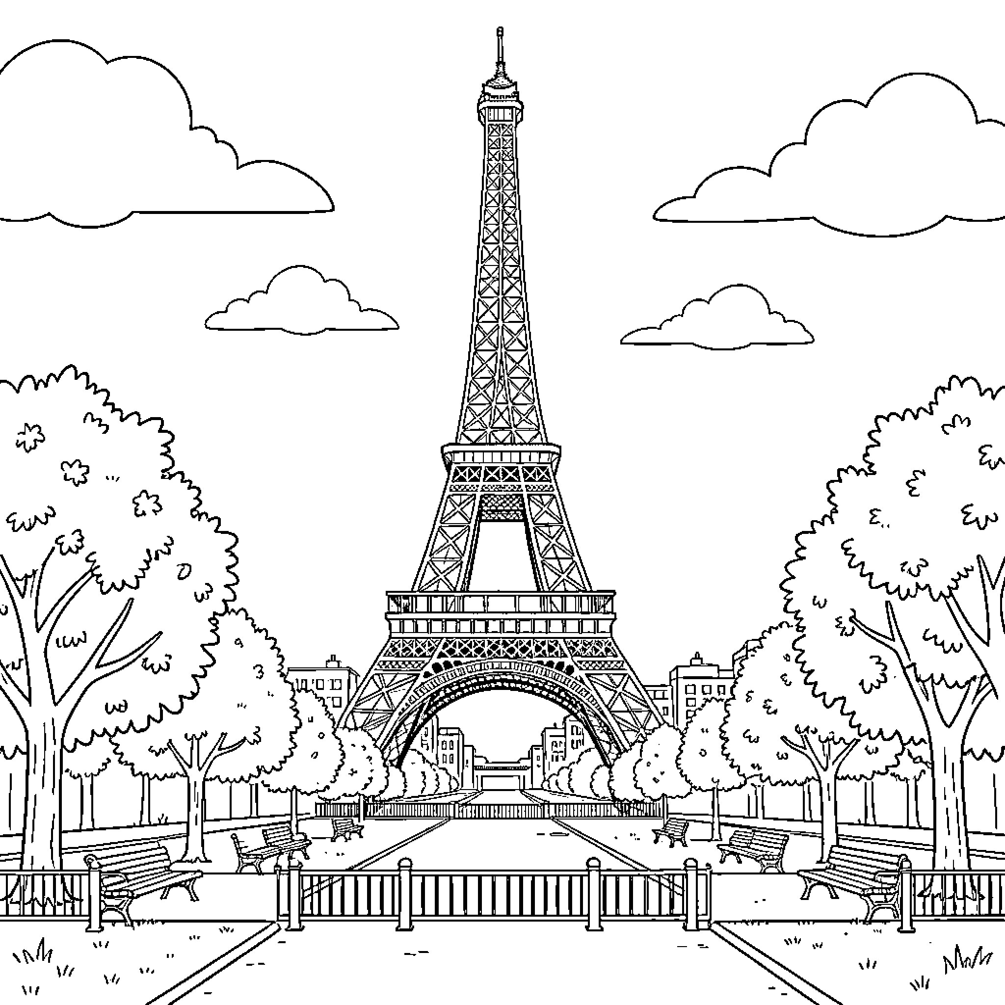 Eiffel Tower standing tall amidst trees and clouds Coloring Page (free black-and-white line drawing printable PDF for all, from beginners to advanced learners, including children, teens, adults, and seniors)