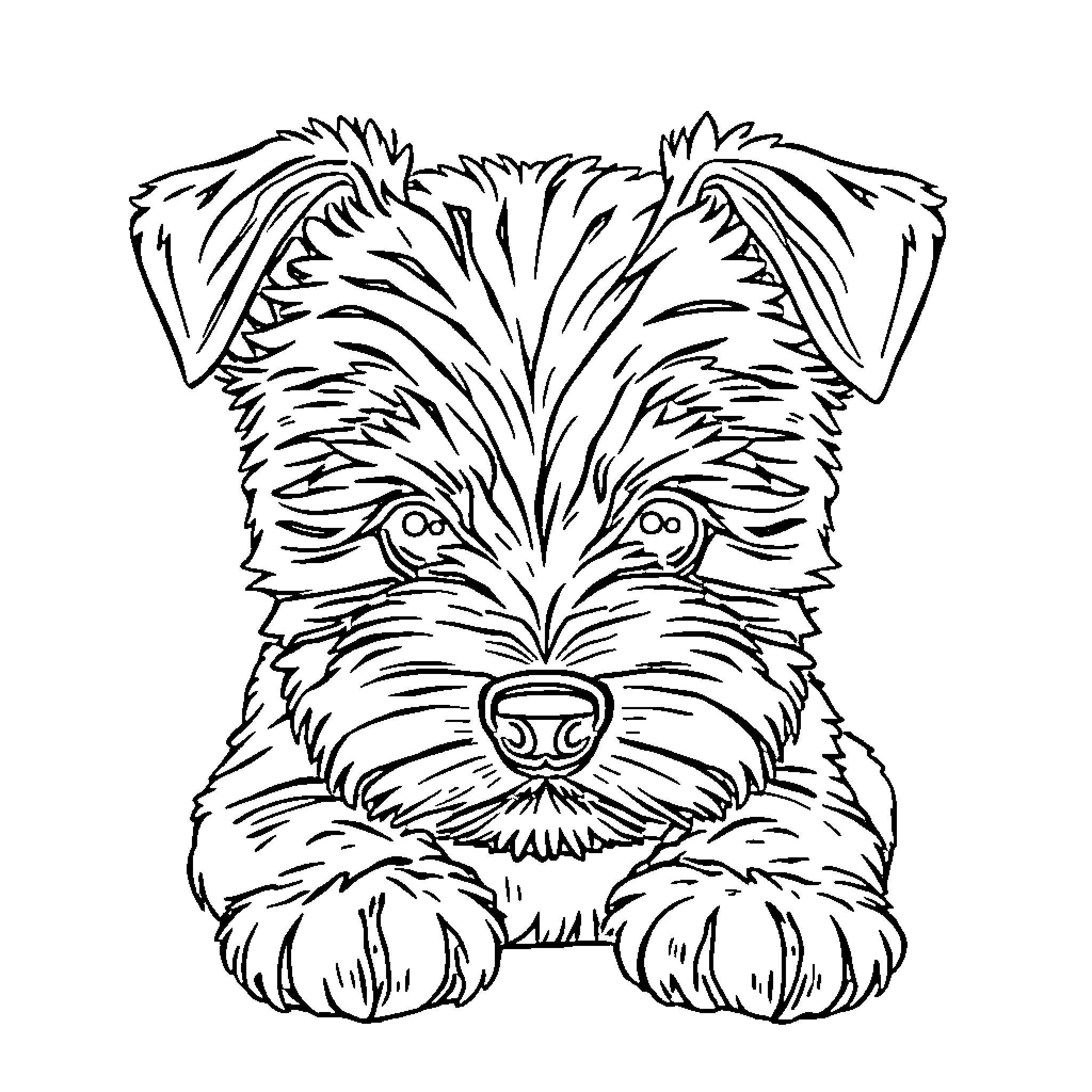 Schnauzer puppy looking curiously at the viewer Coloring Page (free black-and-white line drawing printable PDF for all, from beginners to advanced learners, including children, teens, adults, and seniors)